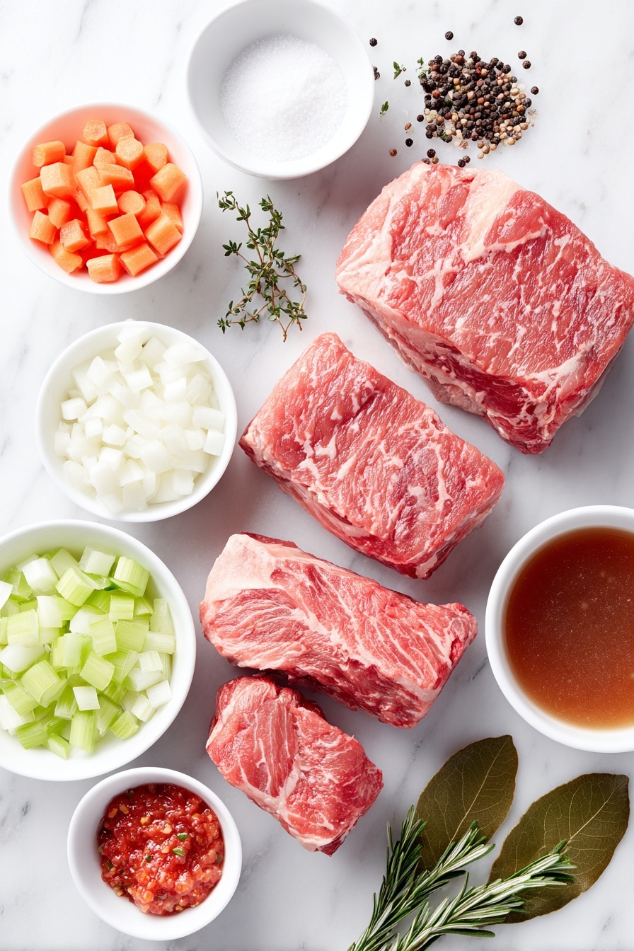 Italian Pot Roast, Italian Pot Roast recipe, slow cooker Italian beef, flavorful Italian pot roast, hearty Italian dinner - Flat lay of diced fresh bacon cubes, three large raw beef chuck pieces with visible marbling, a small mound of coarse sea salt and cracked black peppercorns, a small white bowl of diced white onion, a small white bowl of diced orange carrot, a small white bowl of diced celery stalks, a small white bowl with chopped fresh garlic cloves, a small white bowl with red pepper flakes, a small white bowl filled with rich beef broth, a small white bowl of crushed bright red tomatoes, fresh green thyme sprigs, fresh rosemary sprigs, a small white bowl with mixed Italian seasoning herbs, and two fresh green bay leaves arranged symmetrically and balanced, placed on a clean white marble surface, soft natural light, photo taken with an iPhone, professional food photography style, fresh ingredients, white ceramic bowls, no bottles, no duplicates, no utensils, no packaging --ar 2:3 --v 7 --p m7354615311229779997