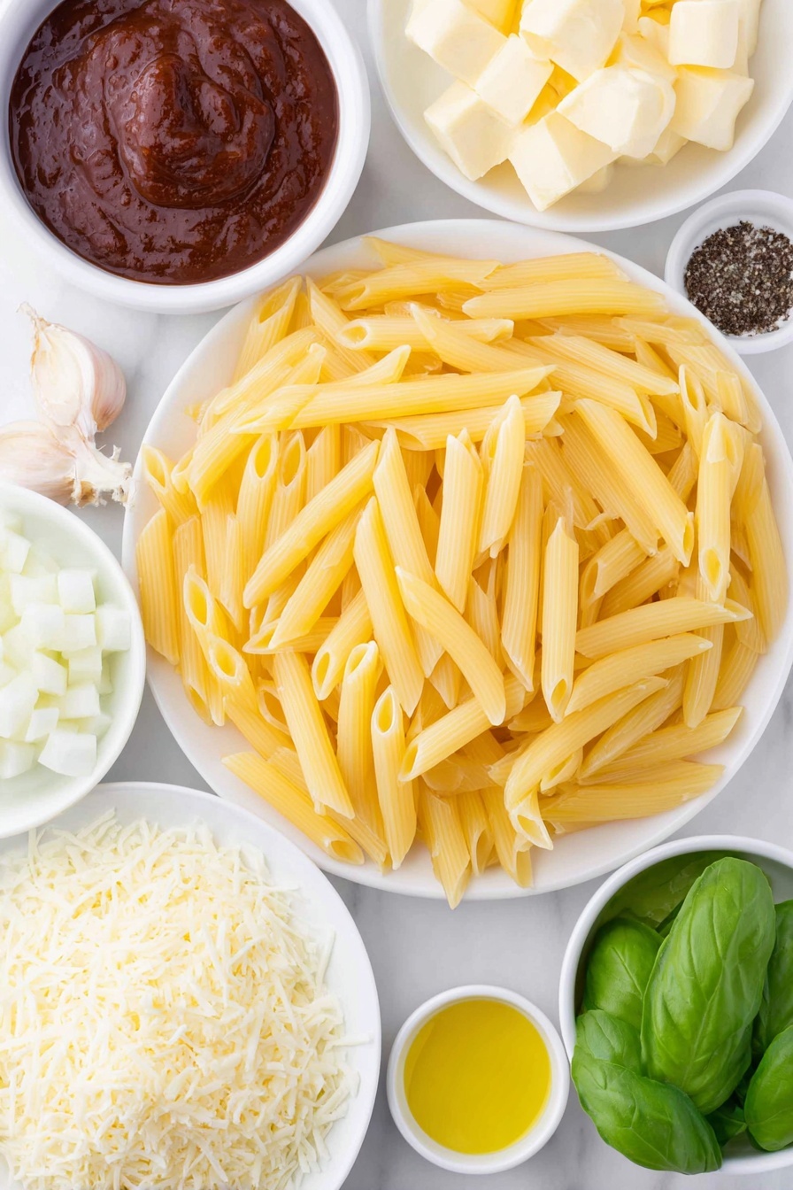 Creamy Penne alla Vodka, Penne alla Vodka recipe, vodka pasta, Italian pasta dishes, easy Penne alla Vodka - Flat lay of uncooked penne pasta scattered neatly next to a small drizzle of golden olive oil in a white ceramic bowl, a few chunks of creamy butter arranged beside finely chopped white onion, one uncracked brown garlic clove peeled and whole, a small white bowl filled with rich red tomato paste, another white bowl holding thick heavy cream, a pinch of coarse salt and freshly ground black pepper displayed side by side on the white surface, a few fresh bright green basil leaves sliced thin and loosely fanned out, and a small pile of finely grated parmesan cheese on a simple white plate, all placed on a clean white marble surface, soft natural light, photo taken with an iPhone, professional food photography style, fresh ingredients, white ceramic bowls, no bottles, no duplicates, no utensils, no packaging --ar 2:3 --v 7 --p m7354615311229779997