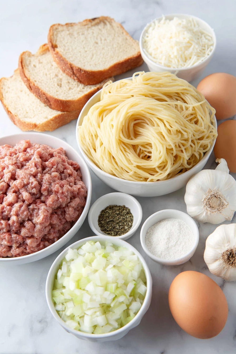 Italian Spaghetti and Meatballs, easy Italian spaghetti and meatballs, homemade spaghetti and meatballs, authentic Italian pasta dish, flavorful meatball recipe - Flat lay of a simple white ceramic bowl filled with fresh, uncooked spaghetti, a small white bowl containing cold water, three slices of white bread with crusts removed and torn into pieces, one whole large brown egg with a clean shell, a mound of lean ground beef, a mound of sweet ground Italian sausage with casings removed, a small pile of grated parmesan cheese, four whole garlic bulbs with some cloves peeled and minced, a medium yellow onion halved to show chopped pieces, a few fresh basil sprigs finely minced, two fresh bay leaves, a small white bowl of all-purpose flour, a small white bowl of light olive oil, whole black peppercorns scattered, and a small pile of sea salt crystals, all arranged in perfect symmetry on a clean white ceramic surface, placed on a clean white marble surface, soft natural light, photo taken with an iPhone, professional food photography style, fresh ingredients, white ceramic bowls, no bottles, no duplicates, no utensils, no packaging --ar 2:3 --v 7 --p m7354615311229779997