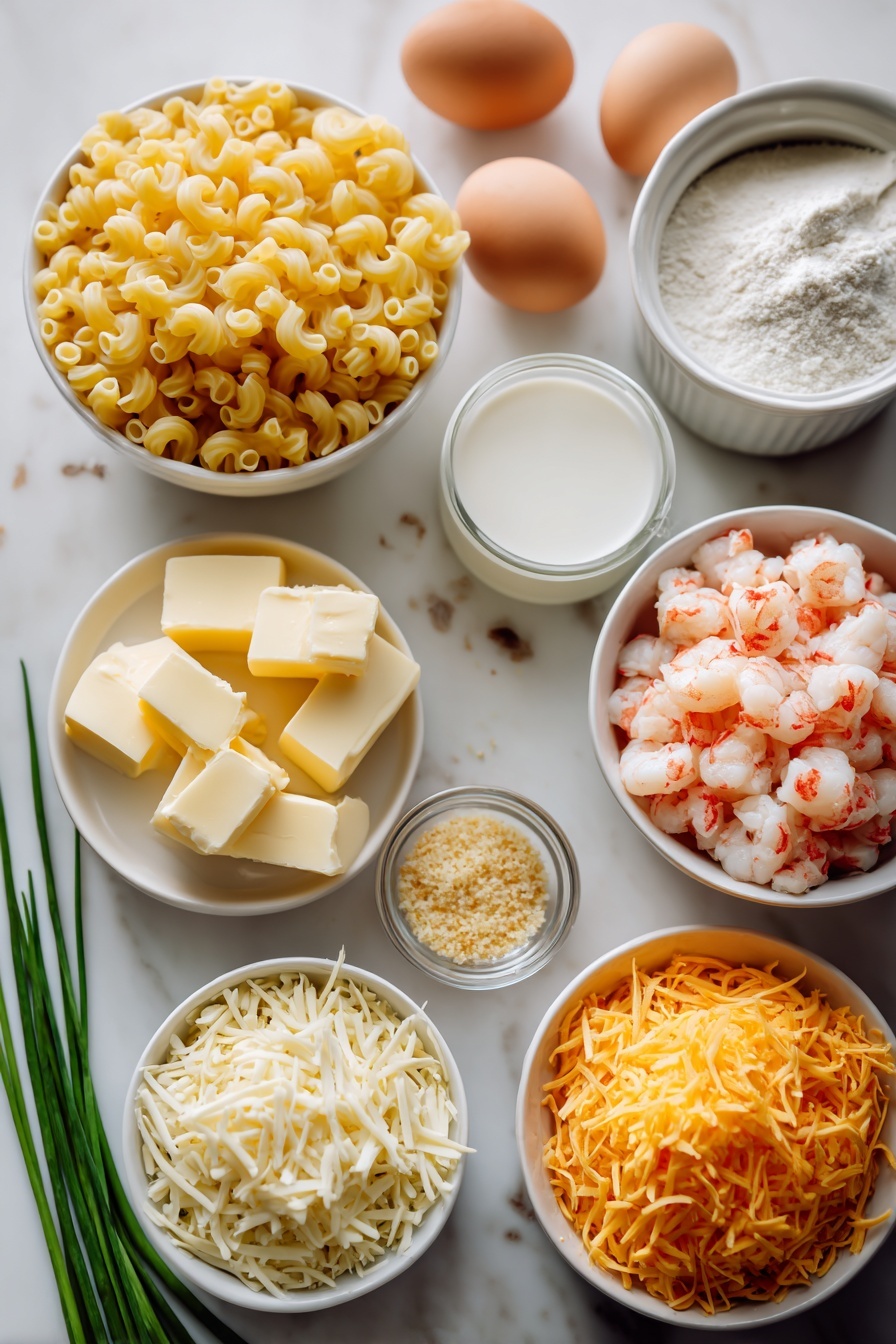 Lobster Mac and Cheese Bake, Lobster macaroni and cheese, cheesy lobster pasta, luxurious comfort food, seafood pasta bake - Flat lay of a small mound of uncooked corkscrew pasta (cavatappi) with its ridged spirals, a few whole uncracked brown eggs with smooth shells, a small white ceramic bowl of golden-yellow butter cubes, a larger white bowl filled with white flour, a small white bowl containing clear water, a medium white bowl holding creamy whole milk, a pile of bright orange shredded cheddar cheese, a smaller pile of soft white shredded mozzarella cheese, a neatly arranged pile of pinkish cooked lobster meat chunks, a small white bowl of light golden panko breadcrumbs, a sprinkling of fresh, thinly sliced green chives on the side, and a few scattered dried spices including reddish smoked paprika powder and light beige garlic and onion powders, all placed on a clean white marble surface, soft natural light, photo taken with an iPhone, professional food photography style, fresh ingredients, white ceramic bowls, no bottles, no duplicates, no utensils, no packaging --ar 2:3 --v 7 --p m7354615311229779997