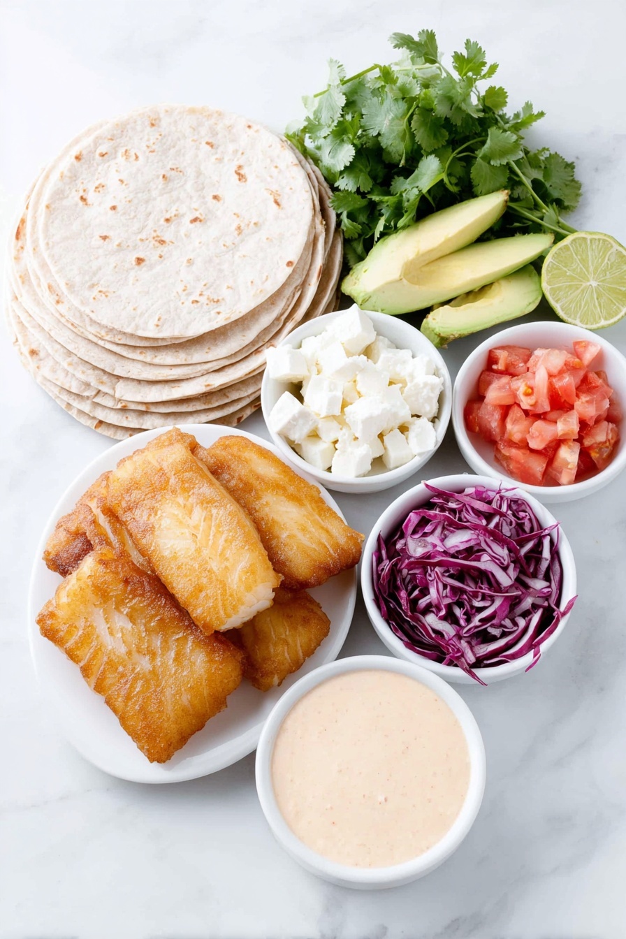 Vegan Fish Tacos with Fresh Toppings, Vegan Fish Tacos, Vegan Taco Recipes, Plant-Based Fish Tacos, Easy Vegan Fish Tacos - Flat lay of a small stack of soft corn tortillas, a few pieces of golden beer battered vegan fried fish with a crispy texture, shredded vibrant purple cabbage, two bright red roma tomatoes finely diced, finely diced white onion, a small bunch of fresh green cilantro with chopped leaves, sliced creamy green avocado, crumbled white vegan feta cheese, lime wedges with juicy green rind, and a small white ceramic bowl of creamy vegan mayo sauce mixed with bright red Sriracha and a hint of lime juice and garlic powder — all ingredients fresh and natural, arranged in perfect symmetry on simple white ceramic bowls and plates, placed on a clean white marble surface, soft natural light, photo taken with an iPhone, professional food photography style, fresh ingredients, white ceramic bowls, no bottles, no duplicates, no utensils, no packaging --ar 2:3 --v 7 --p m7354615311229779997