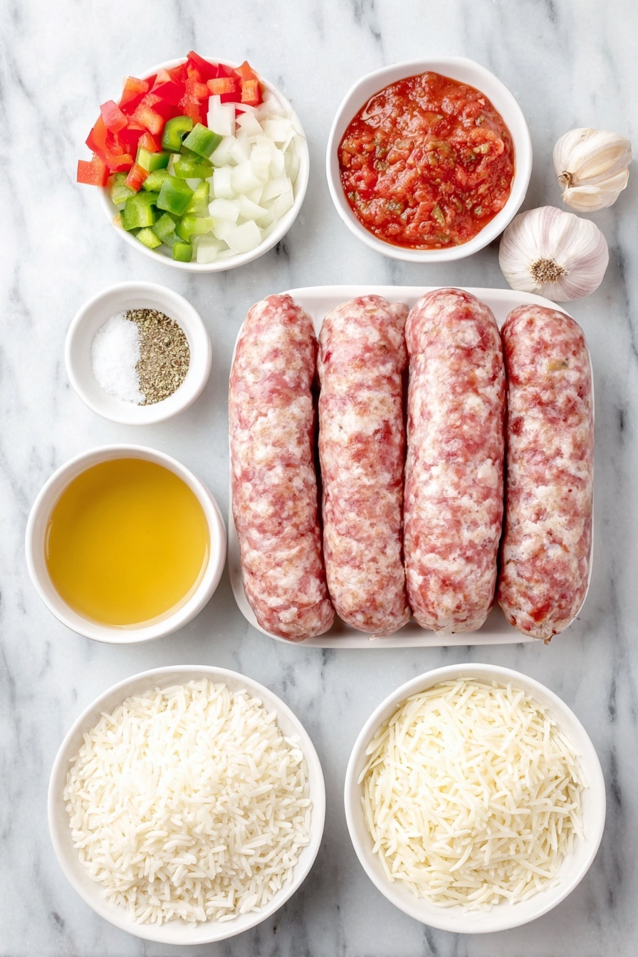 Stuffed Pepper Casserole with Sausage and Rice, easy stuffed pepper casserole, sausage and rice casserole, comfort food recipes, quick dinner ideas - Flat lay of a mound of fresh mild Italian sausage links, a handful of chopped red and green bell peppers, half a medium yellow onion sliced, two whole garlic cloves, a small white bowl of coarse salt, a small white bowl of dried oregano, a small white bowl of ground black pepper, a small white bowl of ground cumin, a small white bowl filled with golden chicken broth, a small white bowl of bright red tomato salsa, a small white bowl with uncooked long-grain white rice grains, and a small pile of shredded fresh mozzarella cheese, all arranged in perfect symmetry on simple white ceramic bowls and plates, placed on a clean white marble surface, soft natural light, photo taken with an iPhone, professional food photography style, fresh ingredients, white ceramic bowls, no bottles, no duplicates, no utensils, no packaging --ar 2:3 --v 7 --p m7354615311229779997