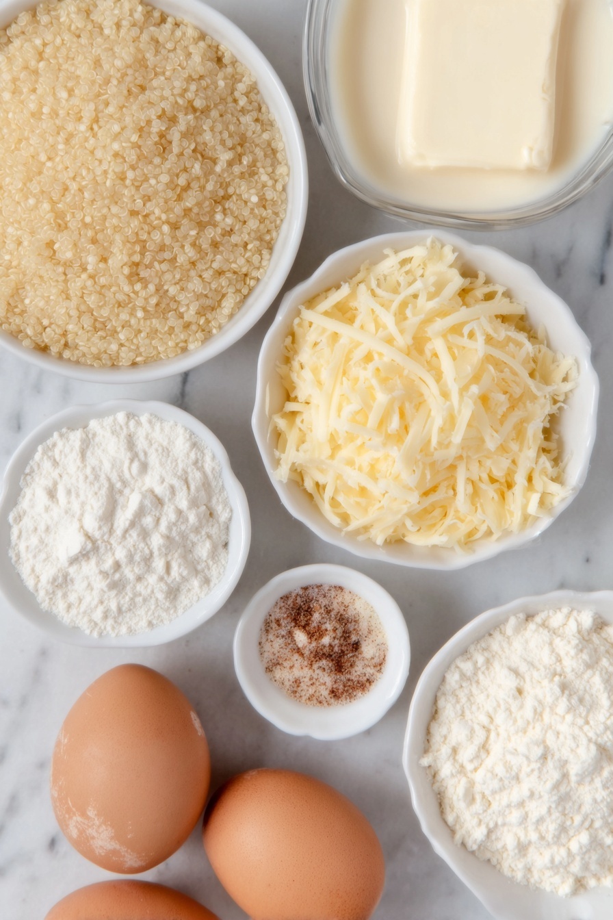 Cheesy Quinoa, Cheesy Quinoa Recipe, healthy cheese quinoa dish, creamy quinoa with cheese, easy quinoa cheese meal - Flat lay of a small pile of fluffy uncooked quinoa grains, a glassy heap of sharp shredded cheddar cheese in bright orange-yellow hues, a pat of creamy unsalted butter, a small mound of fine white cornstarch powder, a half-full small white ceramic bowl of thick creamy half & half, a small white ceramic bowl holding smooth plain full-fat Greek yogurt, a few whole uncracked brown eggs with clean shells, a tiny white ceramic bowl containing fine sea salt crystals, and small white ceramic bowls each with fine powder of garlic, onion, and dried mustard spices — all ingredients arranged symmetrically in balanced proportions on a simple white marble surface, soft natural light, photo taken with an iPhone, professional food photography style, fresh ingredients, white ceramic bowls, no bottles, no duplicates, no utensils, no packaging --ar 2:3 --v 7 --p m7354615311229779997