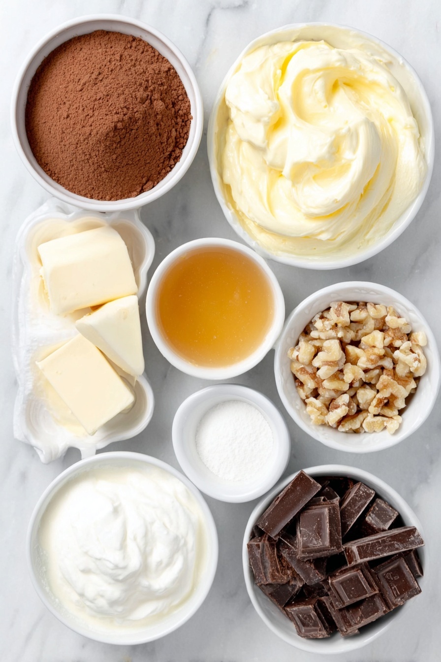 Chocolate Caramel Dump Cake, easy chocolate and caramel dessert, rich dump cake recipe, quick chocolate caramel cake, decadent dump cake ideas - Flat lay of a small white ceramic bowl filled with fine chocolate cake mix powder, two large brown eggs with smooth clean shells, a small white ceramic bowl of creamy whole milk, a small white ceramic bowl holding melted golden butter, a small white ceramic bowl containing white baking powder, a small white ceramic bowl with thick white sour cream, a small white ceramic bowl of rich golden caramel sauce, a small white ceramic bowl filled with glossy semi-sweet chocolate chunks, a small white ceramic bowl of thick heavy cream, a neat pile of dark chocolate shavings, and a small heap of golden chopped nuts, all arranged symmetrically and balanced, placed on a clean white marble surface, soft natural light, photo taken with an iPhone, professional food photography style, fresh ingredients, white ceramic bowls, no bottles, no duplicates, no utensils, no packaging --ar 2:3 --v 7 --p m7354615311229779997