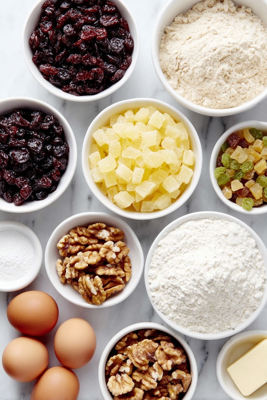 Fruit Cake with Candied Fruits and Nuts, candied fruit cake recipe, festive fruit cake, moist fruit cake, holiday nut and fruit cake - Flat lay of whole red candied cherries, whole green candied cherries, diced candied pineapple, golden raisins, walnut halves, a stick of shortening, granulated sugar in a small white bowl, five whole uncracked brown eggs, vanilla extract in a small white bowl, all-purpose flour in a small white bowl, baking powder in a small white bowl, salt in a small white bowl, all arranged symmetrically on simple white ceramic dishes placed on a clean white marble surface, soft natural light, photo taken with an iPhone, professional food photography style, fresh ingredients, white ceramic bowls, no bottles, no duplicates, no utensils, no packaging --ar 2:3 --v 7 --p m7354615311229779997