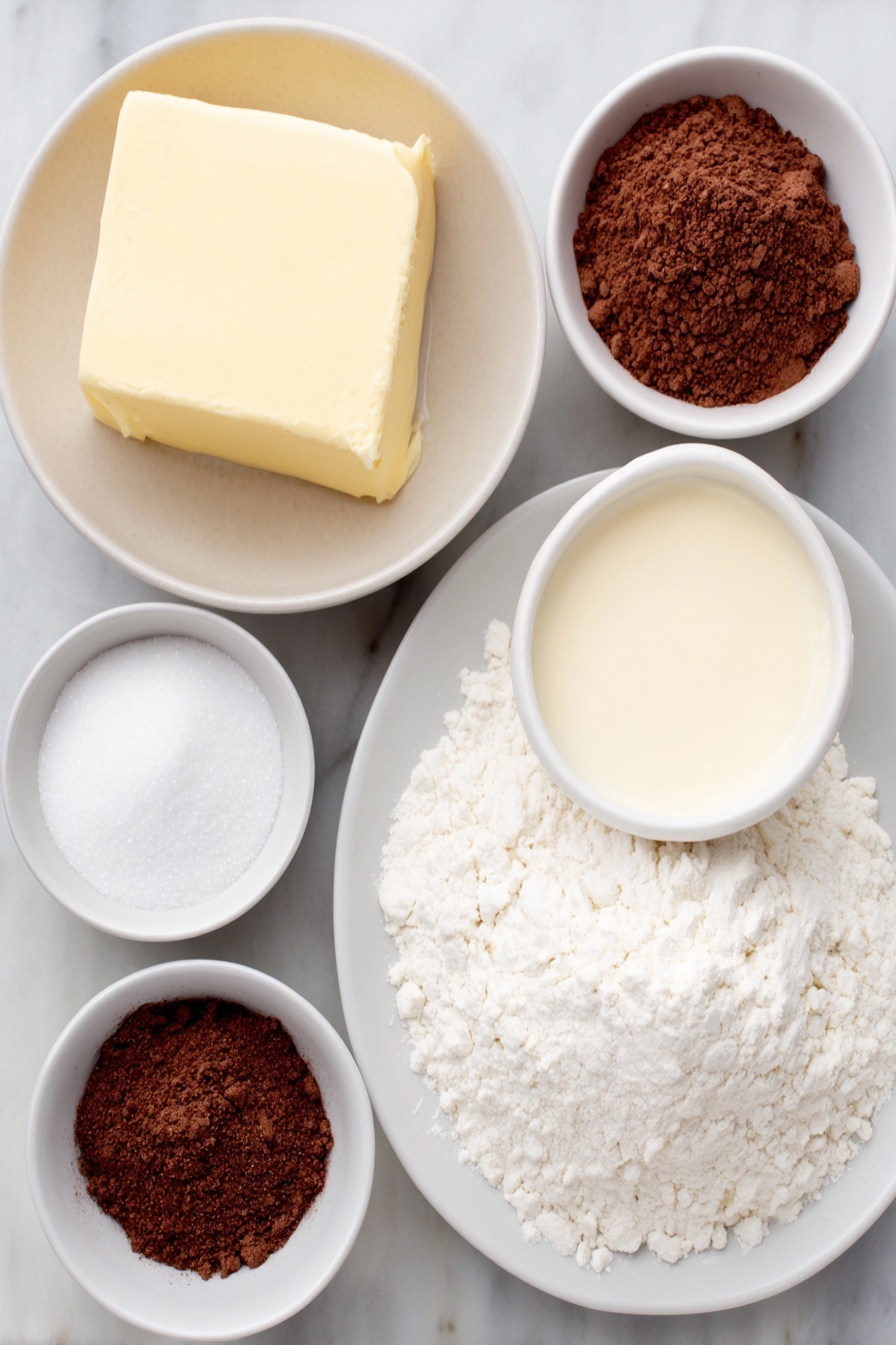 Eggnog Cookies with Nutmeg Frosting, festive holiday cookies, eggnog flavor cookies, soft butter cookies with nutmeg, holiday baking recipes - Flat lay of a small block of softened butter, a white ceramic bowl with granulated sugar, a small white bowl filled with creamy eggnog, a mound of all-purpose flour on a simple white plate, a small white bowl containing ground nutmeg, a small white bowl with baking soda, a separate small white bowl holding confectioners' sugar, placed on a clean white marble surface, soft natural light, photo taken with an iPhone, professional food photography style, fresh ingredients, white ceramic bowls, no bottles, no duplicates, no utensils, no packaging --ar 2:3 --v 7 --p m7354615311229779997