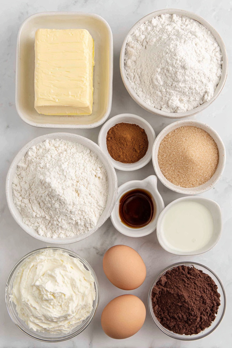 Pumpkin Pie Bars with Shortbread Crust, pumpkin dessert bars, pumpkin shortbread bars, easy pumpkin pie bars recipe, holiday pumpkin dessert - Flat lay of a small block of unsalted butter, a small white ceramic bowl of granulated sugar, a small white ceramic bowl of packed light brown sugar, one whole uncracked brown egg, a small white ceramic bowl of vanilla extract, a small white ceramic bowl of all-purpose flour, a small white ceramic bowl of baking powder, a small white ceramic bowl of ground cinnamon, a small white ceramic bowl of kosher salt, a small white ceramic bowl of pumpkin puree, a small white ceramic bowl of heavy cream, two whole uncracked brown eggs, a small white ceramic bowl of cornstarch, a small white ceramic bowl of pumpkin pie spice, a small white ceramic bowl of powdered sugar placed on a clean white marble surface, soft natural light, photo taken with an iPhone, professional food photography style, fresh ingredients, white ceramic bowls, no bottles, no duplicates, no utensils, no packaging --ar 2:3 --v 7 --p m7354615311229779997