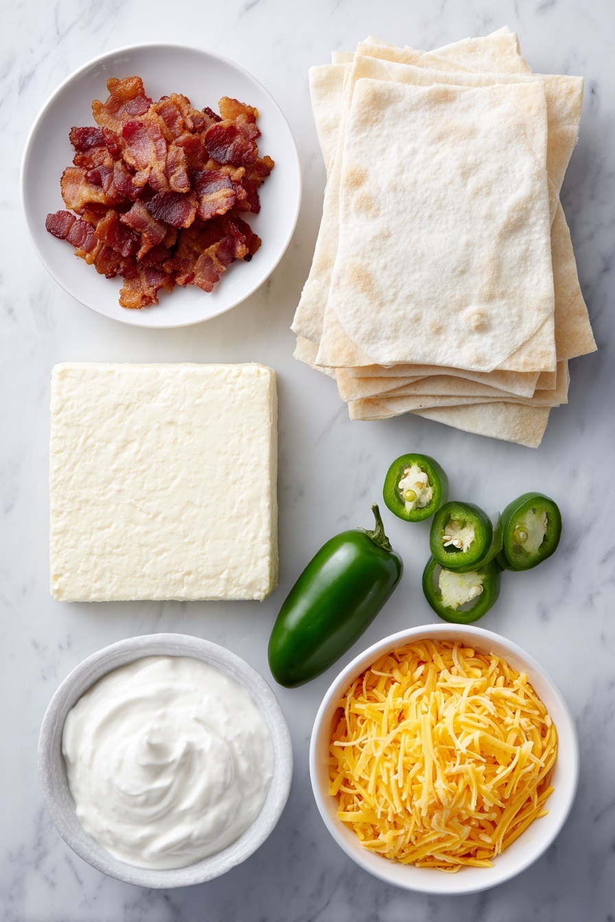 Jalapeno Popper Wonton Cups, jalapeno popper appetizers, spicy cheesy finger food, easy jalapeno bites, baked wonton cups - Flat lay of twelve square wonton wrappers stacked neatly, a smooth block of cream cheese, a small white bowl of thick sour cream, crispy cooked and crumbled bacon pieces arranged loosely, shredded bright orange cheddar cheese in a small white bowl, three fresh green jalapeños—two whole and one sliced with visible seeds—placed symmetrically around the ingredients, all placed on a clean white marble surface, soft natural light, photo taken with an iPhone, professional food photography style, fresh ingredients, white ceramic bowls, no bottles, no duplicates, no utensils, no packaging --ar 2:3 --v 7 --p m7354615311229779997