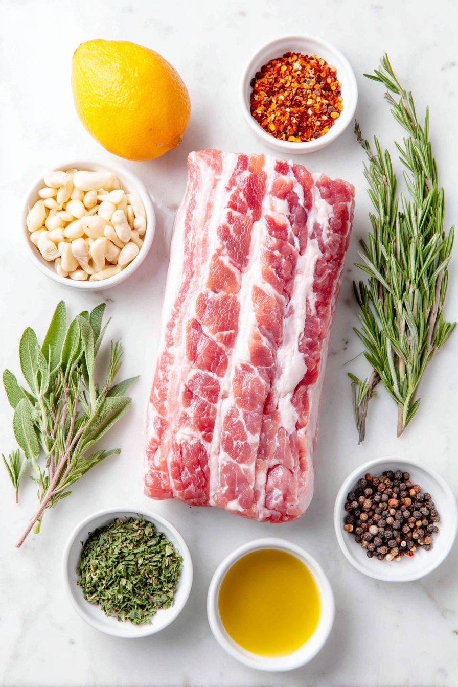 Porchetta Roast with Fennel and Herbs, flavorful porchetta recipe, crispy skin porchetta, herb-infused pork roast, Italian-style roast pork - Flat lay of a fresh slab of pork belly with scored fat, a whole pork tenderloin, a small white ceramic bowl of whole fennel seeds, roughly chopped garlic cloves, a small bunch of fennel fronds, a small pile of chopped fresh rosemary, a small pile of chopped fresh sage, a small pile of chopped fresh thyme, a lemon with zest curls visible, a small white ceramic bowl containing red pepper flakes, another small white ceramic bowl with black peppercorns, a small white ceramic bowl of coarse salt, and a small white ceramic bowl of golden olive oil, all arranged symmetrically on a clean white marble surface, soft natural light, photo taken with an iPhone, professional food photography style, fresh ingredients, white ceramic bowls, no bottles, no duplicates, no utensils, no packaging --ar 2:3 --v 7 --p m7354615311229779997