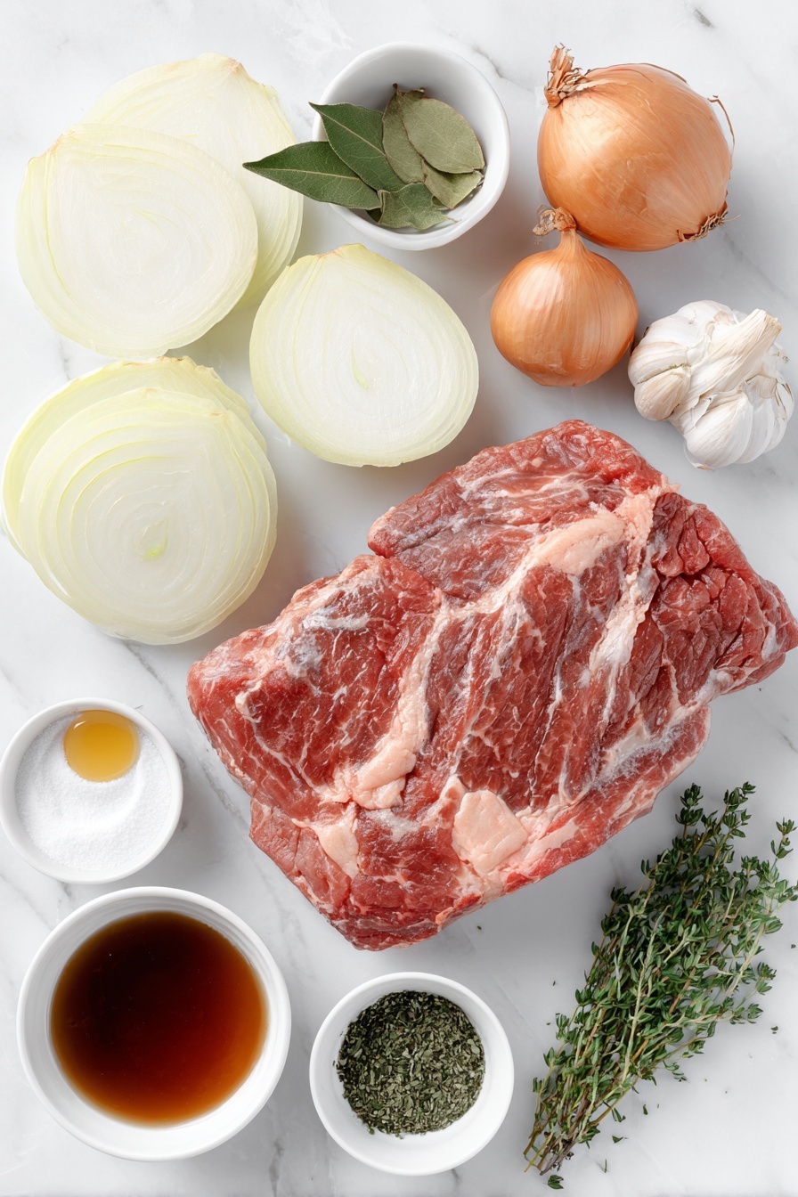 French Onion Chuck Roast, French Onion Beef Roast, slow cooker onion roast, caramelized onion beef, hearty beef roast recipe - Flat lay of a fresh 3 to 4 lb chuck roast with a trimmed edge, two yellow onions halved and thinly sliced, two whole uncracked brown garlic cloves, three fresh bay leaves, a small white ceramic bowl of bright green dried parsley flakes, a small white ceramic bowl of dried thyme leaves, a small white ceramic bowl with fine pale arrowroot starch powder, a small white ceramic bowl of light golden avocado oil, a small white ceramic bowl with dark amber coconut aminos, a small white ceramic bowl of rich brown beef broth, a small white ceramic bowl of deep red wine vinegar, and a sprinkle of fresh chopped parsley and thyme leaves, all arranged symmetrically in balanced proportions, placed on a clean white marble surface, soft natural light, photo taken with an iPhone, professional food photography style, fresh ingredients, white ceramic bowls, no bottles, no duplicates, no utensils, no packaging --ar 2:3 --v 7 --p m7354615311229779997