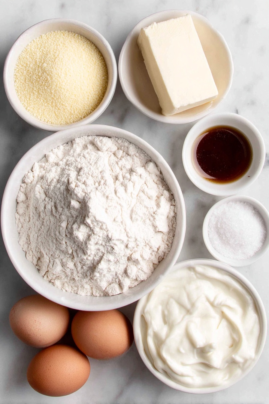 Moist Homemade Cornbread, moist cornbread, homemade cornbread recipe, tender cornbread, best cornbread - Flat lay of a small white ceramic bowl of spooned and leveled all-purpose flour, a small white ceramic bowl of bright yellow cornmeal, a small white ceramic bowl with coarse kosher salt, a small white ceramic bowl with white baking soda, a small white ceramic bowl with light beige baking powder, a half stick of creamy pale yellow butter, a small white ceramic bowl of golden vegetable oil, a small white ceramic bowl filled with white granulated sugar, a small white ceramic bowl with thick amber honey, two large whole brown eggs with clean shells, a small white ceramic bowl filled with creamy white buttermilk placed on a clean white marble surface, soft natural light, photo taken with an iPhone, professional food photography style, fresh ingredients, white ceramic bowls, no bottles, no duplicates, no utensils, no packaging --ar 2:3 --v 7 --p m7354615311229779997