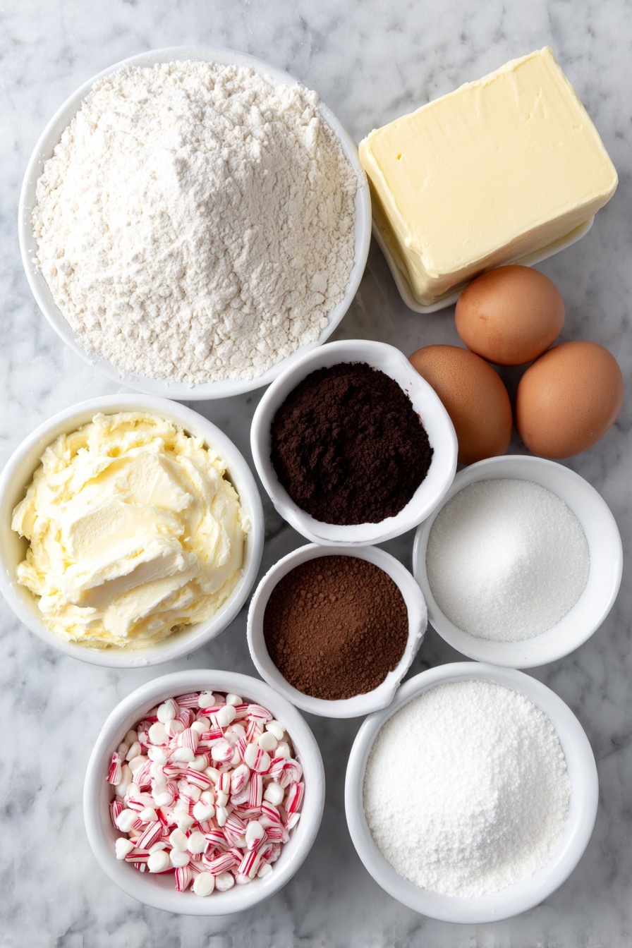 Chocolate Peppermint Candy Cane Cookies, festive holiday cookies, peppermint chocolate cookies, peppermint crunch cookies, holiday cookie recipes - Flat lay of a small mound of all-purpose flour, a small white bowl with Dutch-processed cocoa powder, a small white bowl with black cocoa powder, a small white bowl with baking soda, a small white bowl with coarse sea salt, a slab of unsalted butter, a small white bowl filled with granulated sugar, a small white bowl filled with packed light-brown sugar, two large whole brown eggs with clean shells, a small white bowl with crushed bright red and white candy canes, and a small white bowl with smooth white melted chocolate, arranged in perfect symmetry on a clean white marble surface, soft natural light, photo taken with an iPhone, professional food photography style, fresh ingredients, white ceramic bowls, no bottles, no duplicates, no utensils, no packaging --ar 2:3 --v 7 --p m7354615311229779997