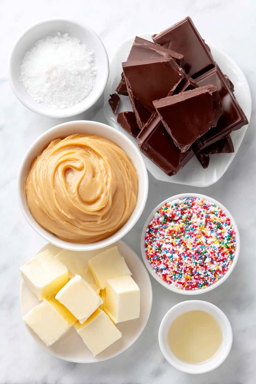 Homemade Peanut Butter Cups, homemade peanut butter cups recipe, easy peanut butter cups, chocolate peanut butter candies, DIY peanut butter chocolates - Flat lay of smooth creamy peanut butter dolloped in a simple white ceramic bowl, a few small cubes of pale unsalted butter on a white plate, a small white bowl holding translucent vanilla extract, a neat mound of fine white confectioners sugar on a white dish, large chunks of glossy dark chocolate almond bark arranged on a white plate, and a small white bowl filled with colorful festive sprinkles, all placed on a clean white marble surface, soft natural light, photo taken with an iPhone, professional food photography style, fresh ingredients, white ceramic bowls, no bottles, no duplicates, no utensils, no packaging --ar 2:3 --v 7 --p m7354615311229779997