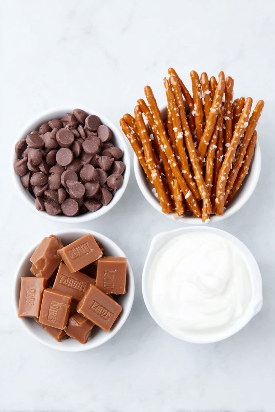 Salted Caramel Pretzel Bark, easy salted caramel bark, salty sweet pretzel treats, homemade caramel pretzel brittle, quick holiday dessert - Flat lay of a small pile of smooth, glossy milk chocolate chips, a handful of golden-brown pretzels with coarse salt crystals, a simple white ceramic bowl filled with unwrapped golden caramel squares, and a small white ceramic bowl containing rich, creamy heavy cream, all arranged symmetrically and balanced, placed on a clean white marble surface, soft natural light, photo taken with an iPhone, professional food photography style, fresh ingredients, white ceramic bowls, no bottles, no duplicates, no utensils, no packaging --ar 2:3 --v 7 --p m7354615311229779997