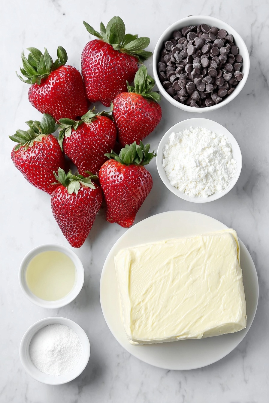 Chocolate Cheesecake Strawberries, chocolate-covered strawberries with cheesecake filling, easy chocolate strawberry dessert, Valentine’s Day fruit desserts, decadent chocolate strawberry treat - Flat lay of fresh large red strawberries with green leafy tops, a small white ceramic bowl filled with glossy semi-sweet chocolate chips, a smooth block of softened cream cheese on a simple white plate, a small white bowl containing fine white powdered sugar, another small white bowl holding cold heavy cream, and a small white bowl with clear vanilla extract, all arranged in perfect symmetry placed on a clean white marble surface, soft natural light, photo taken with an iPhone, professional food photography style, fresh ingredients, white ceramic bowls, no bottles, no duplicates, no utensils, no packaging --ar 2:3 --v 7 --p m7354615311229779997