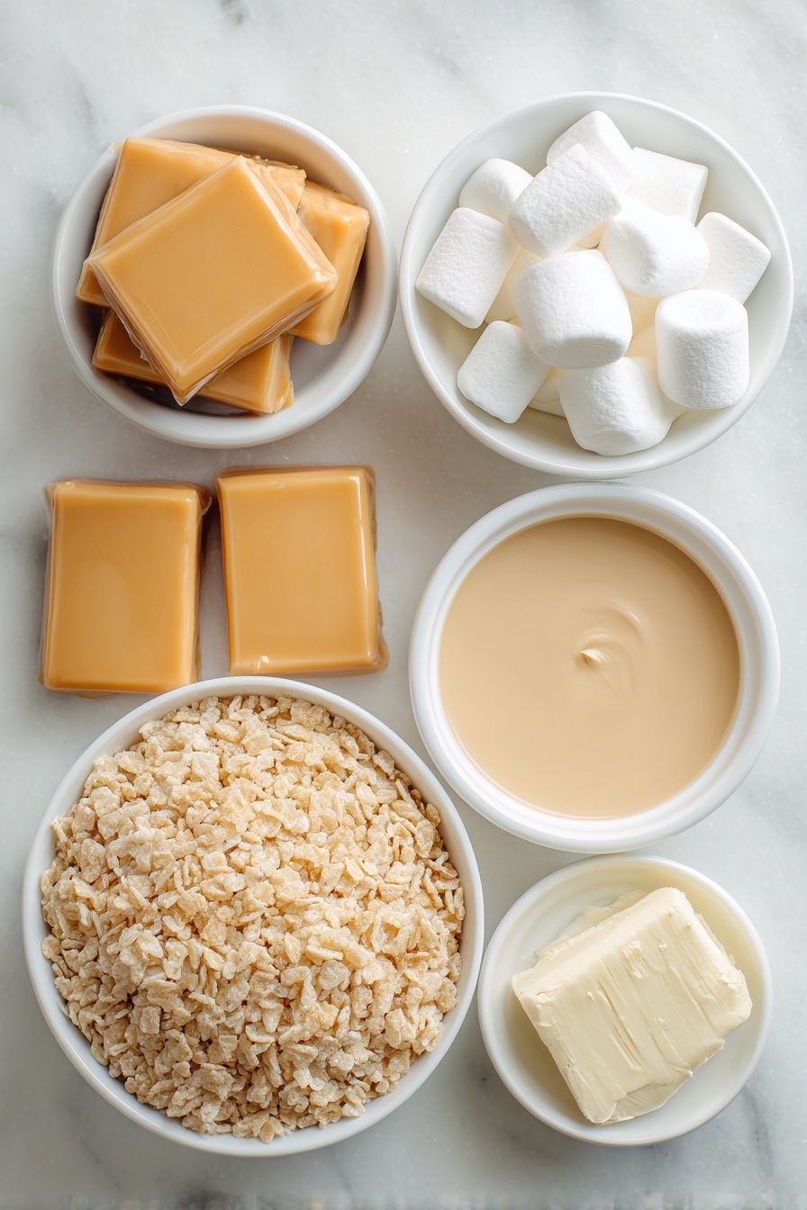 Marshmallow Caramel Rice Krispies Puffs, marshmallow caramel rice krispie treats, easy caramel rice krispie snack, homemade rice krispies with caramel, chewy caramel rice krispie bars - Flat lay of a handful of smooth, creamy caramel squares unwrapped and glistening, a small white ceramic bowl filled with thick, glossy sweetened condensed milk, a chunk of pale yellow unsalted butter, several large, soft and pillowy white marshmallows, and a large white ceramic bowl heaped with light, crispy rice cereal flakes, all arranged symmetrically on a clean white marble surface, soft natural light, photo taken with an iPhone, professional food photography style, fresh ingredients, white ceramic bowls, no bottles, no duplicates, no utensils, no packaging --ar 2:3 --v 7 --p m7354615311229779997