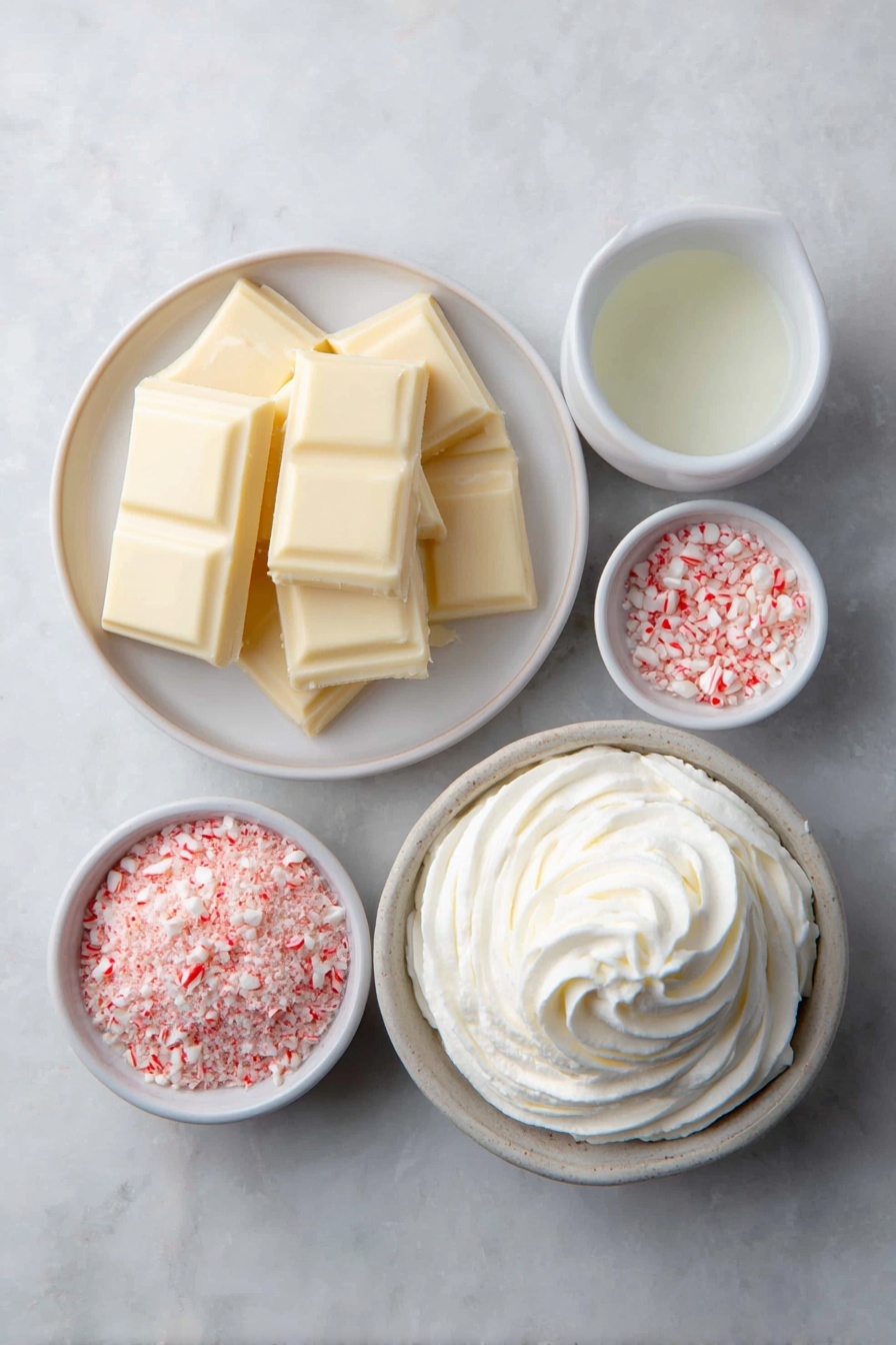 Slow Cooker Candy Cane White Hot Chocolate, peppermint hot chocolate, white hot chocolate recipe, holiday hot chocolate, cozy winter drinks - Flat lay of a small white ceramic bowl filled with whole milk, a simple white ceramic dish holding broken pieces of creamy white chocolate baking bars, a small white bowl containing crushed red-and-white candy canes, a tiny white bowl with clear vanilla extract, a generous swirl of fresh whipped cream on a plain white ceramic plate, and a separate small white bowl with extra crushed candy canes for garnish, all arranged in perfect symmetry and balanced proportions, placed on a clean white marble surface, soft natural light, photo taken with an iPhone, professional food photography style, fresh ingredients, white ceramic bowls, no bottles, no duplicates, no utensils, no packaging --ar 2:3 --v 7 --p m7354615311229779997