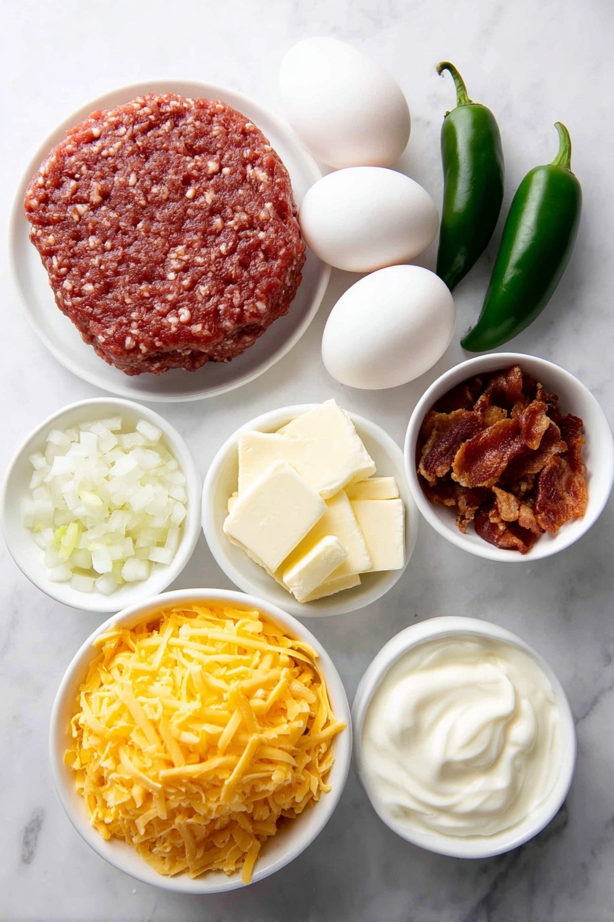 Crack Breakfast Casserole with Sausage and Bacon, breakfast casserole with sausage and bacon, hearty breakfast casserole, sausage bacon breakfast bake, cheesy breakfast casserole - Flat lay of raw ground sausage patty, eight whole brown eggs with clean shells, a small white bowl of creamy sour cream, a small white bowl filled with shredded cheddar cheese, a small white bowl of crispy bacon bits, a few fresh green chili peppers, one small white bowl with chopped white onions, scattered whole peppercorns and a small pinch of coarse sea salt crystals all arranged symmetrically around a simple white ceramic plate, placed on a clean white marble surface, soft natural light, photo taken with an iPhone, professional food photography style, fresh ingredients, white ceramic bowls, no bottles, no duplicates, no utensils, no packaging --ar 2:3 --v 7 --p m7354615311229779997