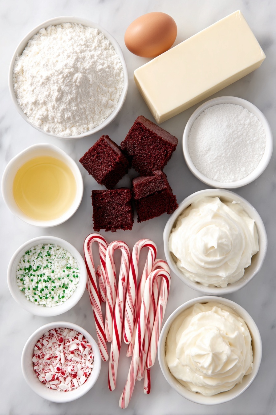 Christmas Red Velvet Lasagna Dessert, festive red velvet dessert, holiday layered dessert, Christmas lasagna recipes, colorful holiday desserts - Flat lay of a small box of red velvet cake mix with rich red velvet cake pieces beside it, a small white ceramic bowl of melted golden butter, one whole uncracked brown egg, a block of creamy white cream cheese, a small white ceramic bowl of fine white confectioners sugar, a small white ceramic bowl with crushed red and white candy canes, a small white ceramic bowl filled with fresh cold milk, a small white ceramic bowl of fluffy white Cool Whip, two small white ceramic bowls of pale yellow vanilla instant pudding powder, a small white ceramic bowl with vivid green gel food coloring, a scattering of colorful Christmas sprinkles and more crushed candy canes arranged artfully, all placed on a clean white marble surface, soft natural light, photo taken with an iPhone, professional food photography style, fresh ingredients, white ceramic bowls, no bottles, no duplicates, no utensils, no packaging --ar 2:3 --v 7 --p m7354615311229779997