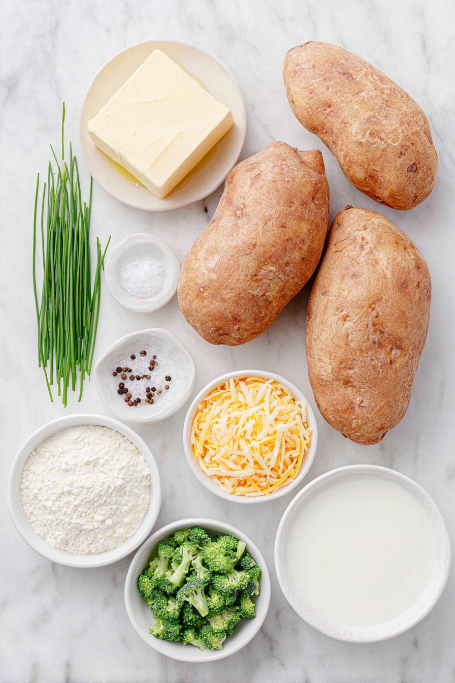 Cheesy Broccoli Stuffed Baked Potatoes, baked potato with broccoli and cheese, cheesy stuffed potato recipes, broccoli stuffed baked potatoes, easy cheesy potato dish - Flat lay of two large russet potatoes with rough brown skin, a small white ceramic bowl with golden olive oil, a small white bowl of coarse kosher salt, a small white bowl with whole black peppercorns, a few fresh green chives with slender stalks, a small white bowl of pale yellow unsalted butter, a small white bowl of fine all-purpose flour, a small white bowl filled with creamy whole milk, a small white bowl with bright orange shredded medium cheddar cheese, and a small white bowl of finely chopped vibrant green broccoli florets, all arranged in perfect symmetry on a clean white marble surface, soft natural light, photo taken with an iPhone, professional food photography style, fresh ingredients, white ceramic bowls, no bottles, no duplicates, no utensils, no packaging --ar 2:3 --v 7 --p m7354615311229779997