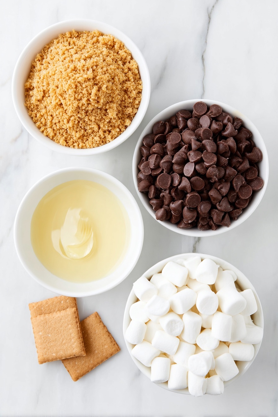 Delicious S'more Bars, s'more bars, campfire dessert, marshmallow chocolate bars, easy s'mores recipe - Flat lay of a small pile of golden graham cracker crumbs, a small white bowl of melted butter with a glossy surface, a simple white ceramic bowl filled with glossy dark chocolate chips, and a white ceramic bowl heaped with small, fresh mini marshmallows, all arranged symmetrically on a clean white marble surface, soft natural light, photo taken with an iPhone, professional food photography style, fresh ingredients, white ceramic bowls, no bottles, no duplicates, no utensils, no packaging --ar 2:3 --v 7 --p m7354615311229779997