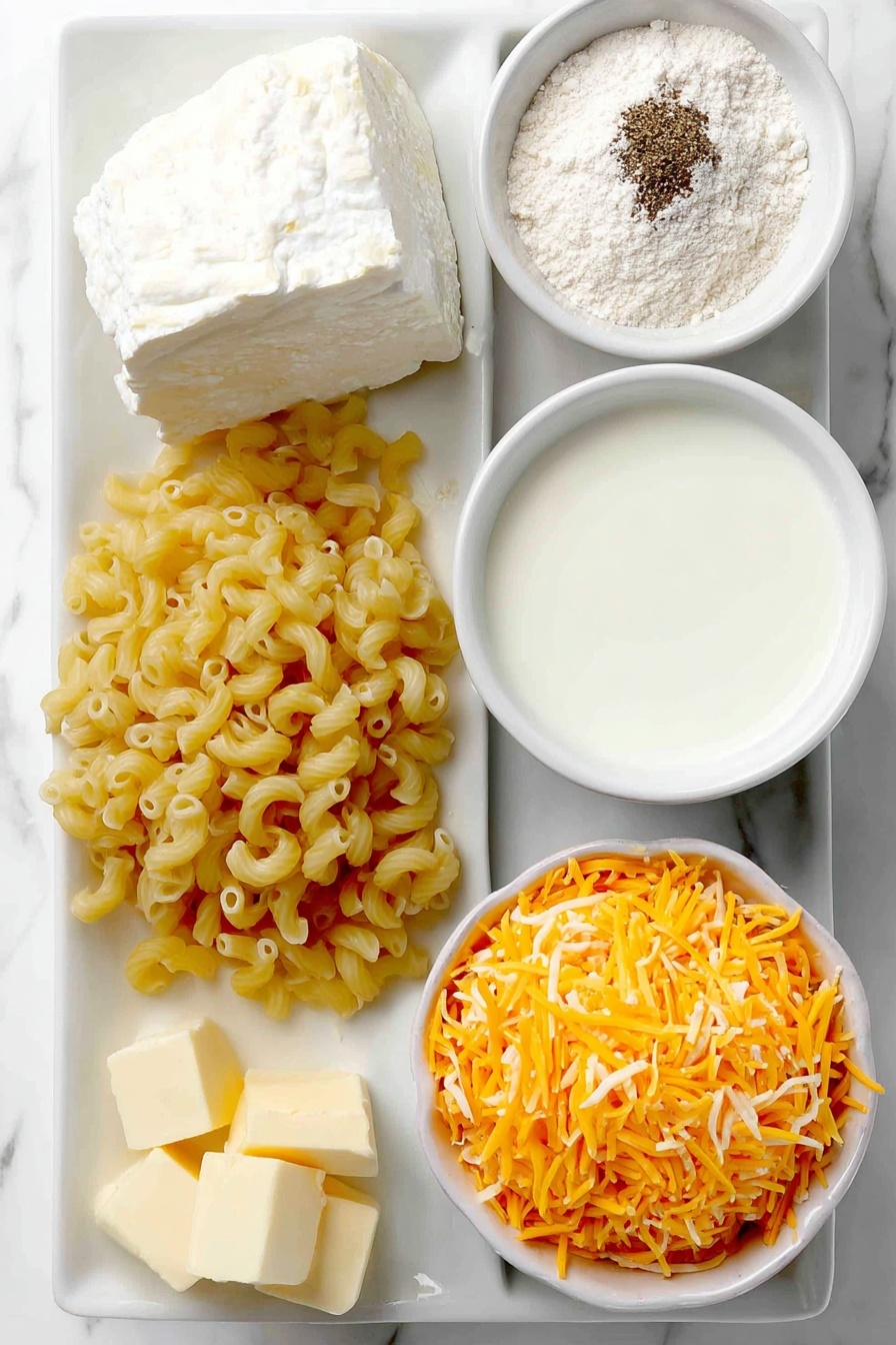 Creamy Baked Mac and Cheese, baked mac and cheese, cheesy baked pasta, homemade mac and cheese, best baked mac and cheese - Flat lay of uncooked elbow macaroni noodles, a few small cubes of golden butter, a small mound of pale all-purpose flour, a pinch of coarse salt crystals, a sprinkle of freshly ground black pepper, a small white ceramic bowl filled with creamy milk, a small white ceramic bowl containing smooth half and half cream, a small white ceramic bowl heaped with bright orange shredded cheddar cheese placed on a clean white marble surface, soft natural light, photo taken with an iPhone, professional food photography style, fresh ingredients, white ceramic bowls, no bottles, no duplicates, no utensils, no packaging --ar 2:3 --v 7 --p m7354615311229779997