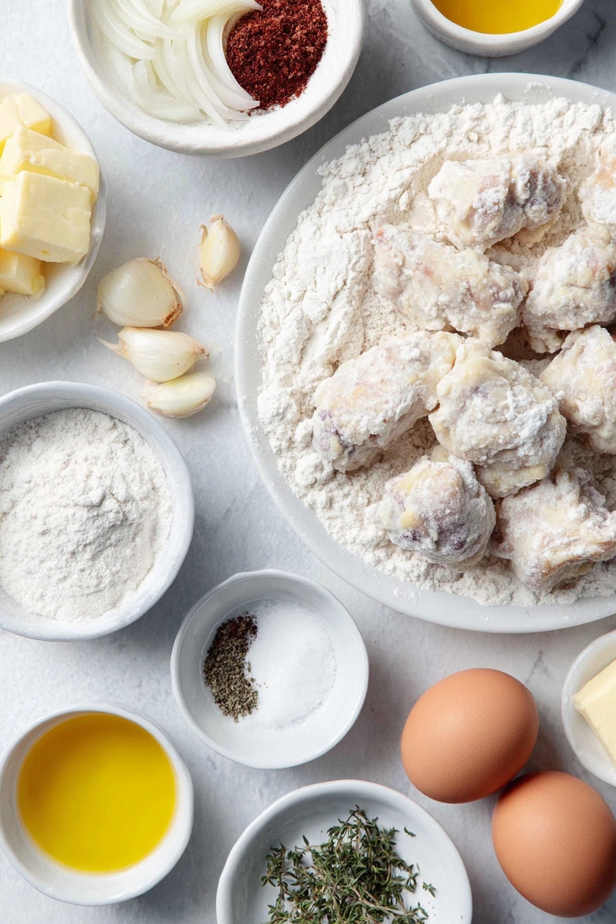 Vegan Chicken and Dumplings, plant-based comfort food, dairy-free chicken and dumplings, vegan hearty soup, easy vegan comfort meal - Flat lay of a medium yellow onion chopped, two medium peeled and sliced carrots, three peeled garlic cloves, a small white ceramic bowl of olive oil, a small white ceramic bowl of all purpose flour, a small white ceramic bowl of no chicken broth, a small white ceramic bowl of unsweetened vegan creamer, a small white ceramic bowl with dried thyme, a small white ceramic bowl with dried parsley, a small white ceramic bowl of frozen green peas, a portion of fresh vegan chicken pieces, a large white ceramic bowl with all purpose flour, a small white ceramic bowl of baking powder, a small white ceramic bowl with salt, a small white ceramic bowl with ground black pepper, a small white ceramic bowl of unsweetened plant milk, a small white ceramic bowl of melted vegan butter, two whole uncracked brown eggs placed on a simple white ceramic plate, placed on a clean white marble surface, soft natural light, photo taken with an iPhone, professional food photography style, fresh ingredients, white ceramic bowls, no bottles, no duplicates, no utensils, no packaging --ar 2:3 --v 7 --p m7354615311229779997