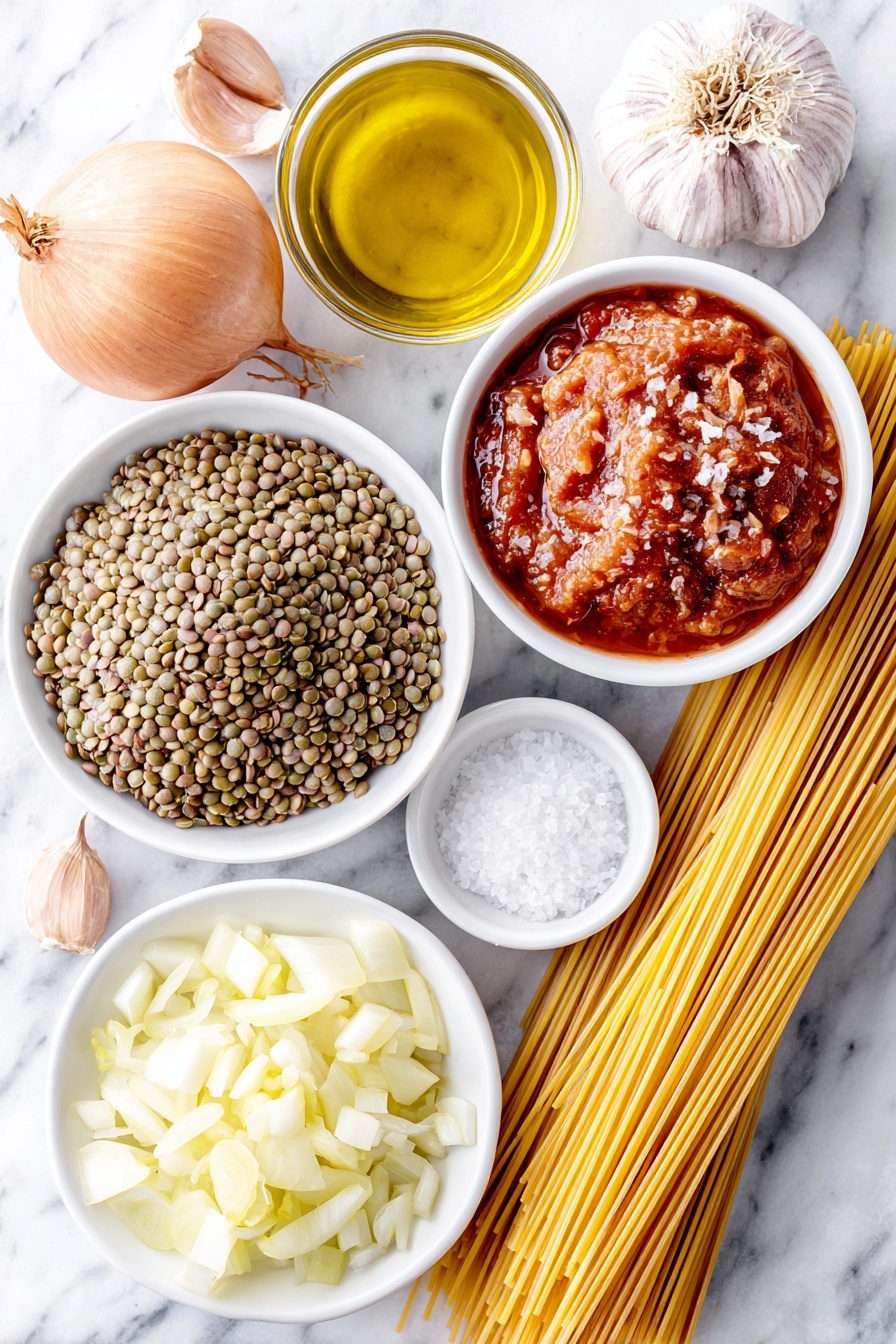 Instant Pot Lentil Spaghetti, healthy lentil pasta, quick vegan dinner, easy Instant Pot recipes, protein-packed pasta dishes - Flat lay of a small white ceramic bowl of golden olive oil, half a fresh yellow onion diced finely on a simple white plate, two peeled cloves of garlic next to the onion, a small white bowl with coarse salt crystals, a pile of cooked green lentils arranged neatly on a white ceramic dish, a simple white bowl filled with clear water, a bundle of uncooked golden spaghetti noodles loosely arranged, and a white ceramic bowl filled with vibrant red vegan marinara sauce, all placed on a clean white marble surface, soft natural light, photo taken with an iPhone, professional food photography style, fresh ingredients, white ceramic bowls, no bottles, no duplicates, no utensils, no packaging --ar 2:3 --v 7 --p m7354615311229779997
