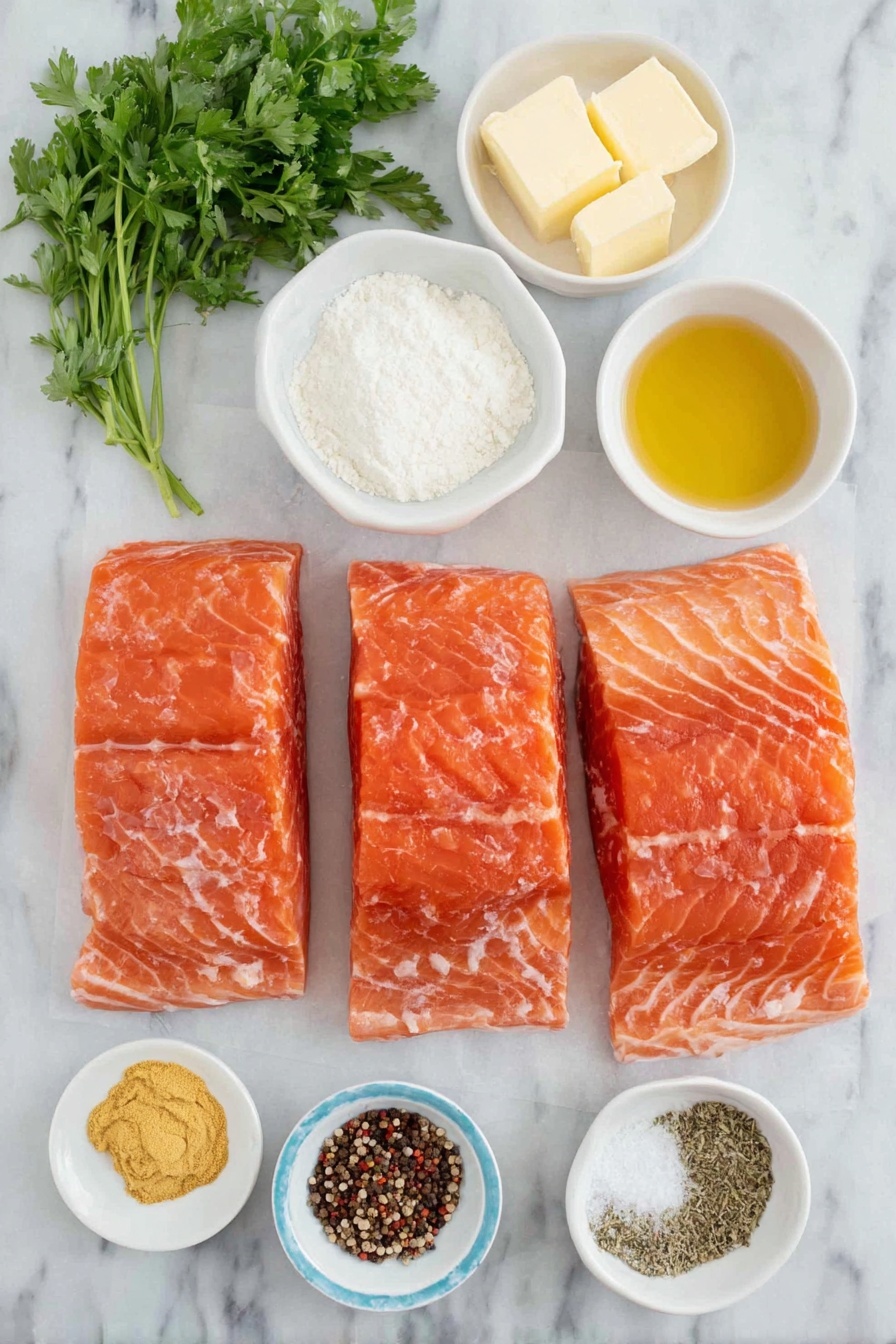 Creamy Lemon Salmon, Lemon Salmon Pasta, Easy Salmon Dinner, Healthy Salmon Recipes, Salmon with Lemon Cream Sauce - Flat lay of fresh salmon fillets with bright pink flesh, a small mound of fine white flour, a small white bowl of golden olive oil, a small white bowl of pale yellow butter, a small white bowl filled with light golden chicken broth, a small white bowl of clear lemon juice, a small white bowl of smooth creamy white heavy cream, a few sprigs of fresh vibrant green parsley, a small white bowl containing yellow Dijon mustard, a heap of light brown garlic powder, a small pile of mixed black and white peppercorns, and a pinch of dried Italian seasoning herbs arranged in perfect symmetry, placed on a clean white marble surface, soft natural light, photo taken with an iPhone, professional food photography style, fresh ingredients, white ceramic bowls, no bottles, no duplicates, no utensils, no packaging --ar 2:3 --v 7 --p m7354615311229779997