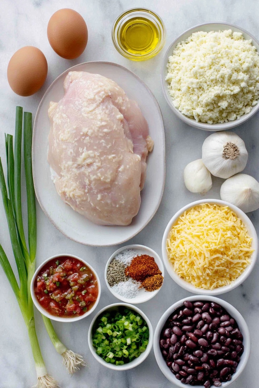 Salsa Chicken with Cauliflower Rice Skillet, quick healthy dinner recipes, low-carb chicken skillet, one-pan chicken and cauliflower rice, flavorful weeknight meals - Flat lay of a raw boneless skinless chicken breast, a small mound of fresh cauliflower rice, two whole uncracked brown eggs, two green onions with bright green stalks and white bulbs, two peeled garlic cloves, a small white bowl with golden olive oil, a small white bowl with vibrant red salsa, a small white bowl of diced fresh green chiles, a small white bowl of rinsed black beans, a small white bowl with a mix of chili powder, cumin, and smoked paprika spices, a small white bowl of chopped fresh cilantro, a small white bowl filled with shredded cheddar and Monterey Jack cheese blend, all arranged symmetrically on a simple white ceramic plate and bowls, placed on a clean white marble surface, soft natural light, photo taken with an iPhone, professional food photography style, fresh ingredients, white ceramic bowls, no bottles, no duplicates, no utensils, no packaging --ar 2:3 --v 7 --p m7354615311229779997