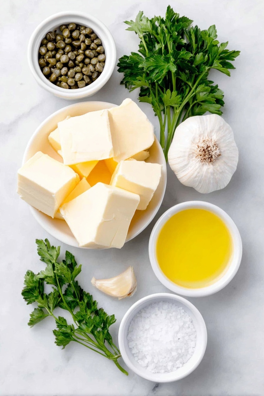 Easy Lemon Caper Sauce, Lemon Caper Sauce for Fish and Chicken, Quick Lemon Caper Sauce Recipe, Bright Lemon Caper Dipping Sauce, Versatile Lemon Caper Sauce - Flat lay of a small white ceramic bowl of golden unsalted butter cubes, a small white ceramic bowl filled with green capers, a whole fresh garlic bulb with one peeled clove beside it, a small white ceramic bowl of bright yellow lemon juice, a few sprigs of fresh green parsley laid neatly, and a small white ceramic bowl containing coarse kosher salt crystals, all arranged in perfect symmetry on a clean white marble surface, soft natural light, photo taken with an iPhone, professional food photography style, fresh ingredients, white ceramic bowls, no bottles, no duplicates, no utensils, no packaging --ar 2:3 --v 7 --p m7354615311229779997