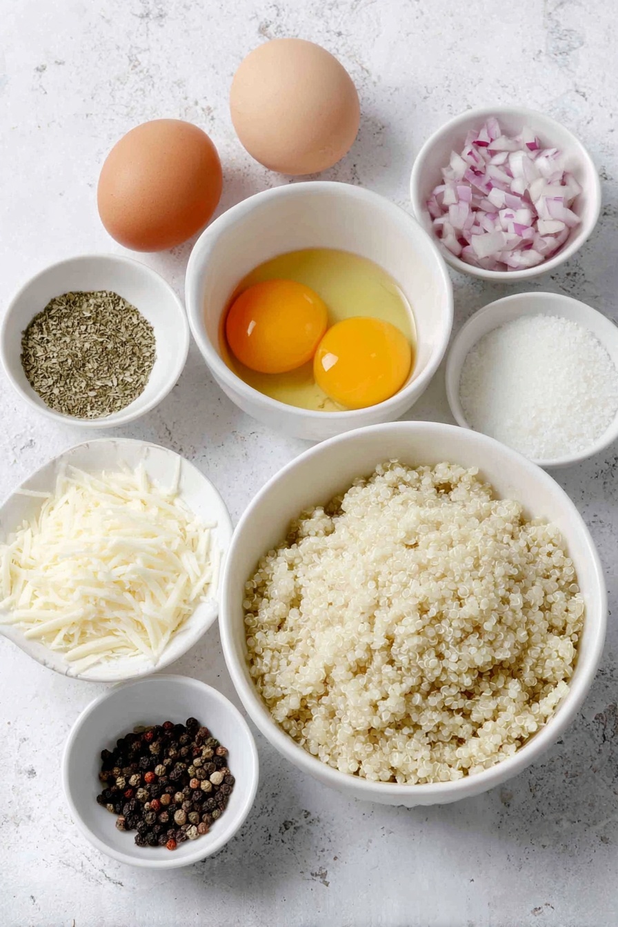 Quinoa Patties with Mozzarella, quinoa patties, cheesy quinoa bites, healthy quinoa snacks, easy vegetarian appetizers - Flat lay of cooked quinoa in a simple white ceramic bowl, two whole brown eggs with clean shells, a small white bowl of dried oregano, a small white bowl of garlic powder, a small white bowl of salt crystals, a small white bowl of black peppercorns, shredded fresh mozzarella cheese in a white ceramic bowl, finely minced red onion in a white bowl, panko breadcrumbs in a white bowl, and a small white bowl with golden avocado oil, all arranged in perfect symmetry on a clean white marble surface, soft natural light, photo taken with an iPhone, professional food photography style, fresh ingredients, white ceramic bowls, no bottles, no duplicates, no utensils, no packaging --ar 2:3 --v 7 --p m7354615311229779997