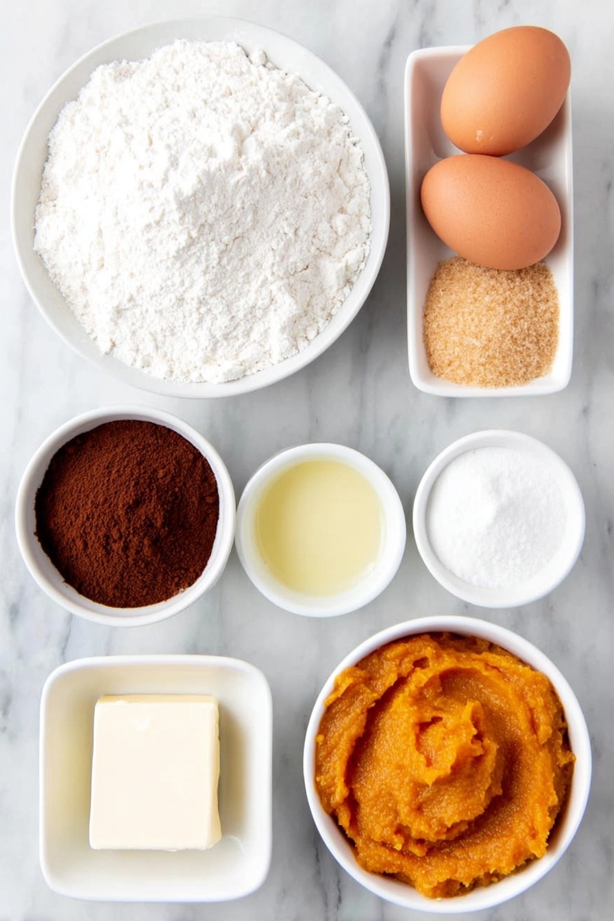 Pumpkin Crumb Muffins with Maple Icing, pumpkin muffin recipes, autumn pumpkin muffins, maple icing bakery treats, cozy fall muffin ideas - Flat lay of a small mound of all-purpose flour, a small heap of golden brown granulated sugar, a small heap of packed dark brown sugar, two whole large brown eggs with clean shells, a small white ceramic bowl of smooth orange pumpkin puree, a small white ceramic bowl of clear light yellow vegetable oil, a small white ceramic bowl of creamy white milk, a small white ceramic bowl containing a blend of ground cinnamon and pumpkin pie spice powders, and a half cup of unsalted butter melted in a small white ceramic bowl, all arranged with perfect symmetry on a clean white marble surface, soft natural light, photo taken with an iPhone, professional food photography style, fresh ingredients, white ceramic bowls, no bottles, no duplicates, no utensils, no packaging --ar 2:3 --v 7 --p m7354615311229779997