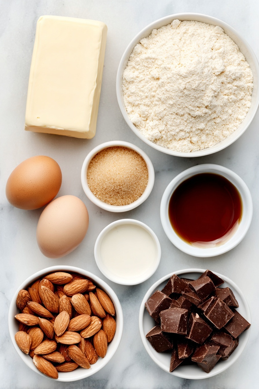 Almond Flour Lace Cookies with Nutella or Chocolate, almond flour lace cookies, chocolate lace cookies, Nutella sandwich cookies, delicate lace cookies recipe - Flat lay of a small slab of unsalted butter, a small white ceramic bowl filled with packed light brown sugar, a simple white ceramic bowl holding fine almond flour, a few whole uncracked brown eggs, a small white bowl of clear light corn syrup, a small white bowl with pure vanilla extract, a neat pile of whole raw almonds, and a small white bowl containing chopped semi-sweet chocolate chunks, all arranged symmetrically on a clean white marble surface, soft natural light, photo taken with an iPhone, professional food photography style, fresh ingredients, white ceramic bowls, no bottles, no duplicates, no utensils, no packaging --ar 2:3 --v 7 --p m7354615311229779997