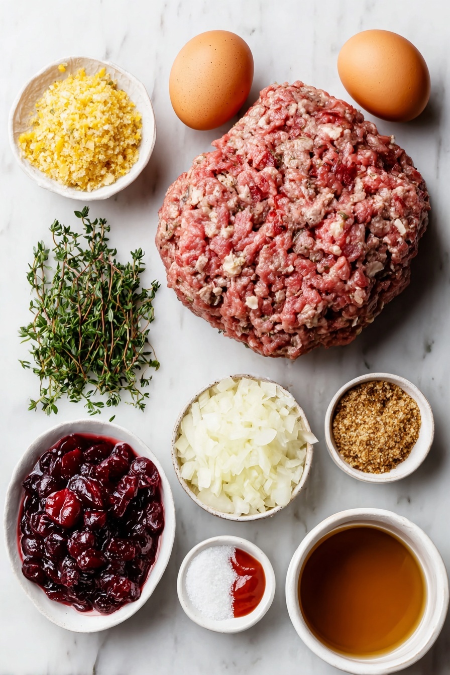 Christmas Cranberry Meatballs, festive holiday meatballs, cranberry meatball appetizer, easy holiday meatballs, sweet and savory meatballs - Flat lay of two whole uncracked brown eggs, an envelope of onion soup mix as a small pile of golden onion flakes and herbs, a small white bowl of seasoned bread crumbs, a small white bowl of chopped dried cranberries, a small bunch of fresh minced parsley sprigs, a mound of lean ground beef shaped naturally, a small white bowl filled with whole-berry cranberry sauce showing whole cranberries in deep red sauce, a small white bowl of bright red ketchup, a small white bowl of rich brown beef broth, a small white bowl of light brown granulated brown sugar, a small white bowl with finely chopped white onion, and a small white bowl containing pale amber cider vinegar, all arranged symmetrically on a clean white marble surface, soft natural light, photo taken with an iPhone, professional food photography style, fresh ingredients, white ceramic bowls, no bottles, no duplicates, no utensils, no packaging --ar 2:3 --v 7 --p m7354615311229779997