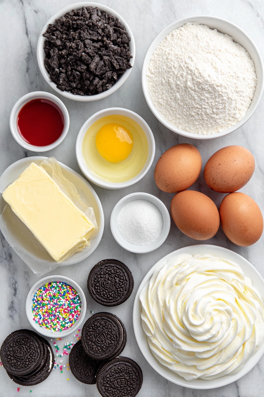Mini Christmas Oreo Cheesecakes, Christmas dessert ideas, easy holiday cheesecake, cute festive treats, no-bake mini cheesecakes - Flat lay of crushed Oreo cookies with cream filling, a small white bowl of melted butter, a smooth block of cream cheese, a small mound of granulated sugar, a small bowl of all-purpose flour, a few thin strips of lemon zest, two whole uncracked brown eggs, a small white bowl of heavy cream, a small white bowl containing red food coloring, a small white bowl containing green food coloring, a dollop of whipped cream on a white ceramic plate, colorful sprinkles scattered neatly on a white ceramic plate placed on a clean white marble surface, soft natural light, photo taken with an iPhone, professional food photography style, fresh ingredients, white ceramic bowls, no bottles, no duplicates, no utensils, no packaging --ar 2:3 --v 7 --p m7354615311229779997