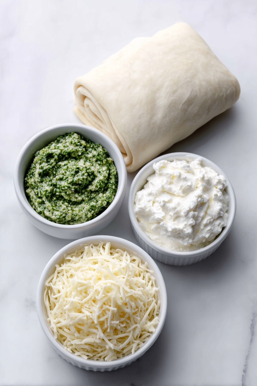 Pesto Puff Pastry Christmas Trees, Christmas appetizer ideas, holiday party finger foods, festive puff pastry recipes, easy Christmas appetizers - Flat lay of a smooth, unrolled sheet of fresh puff pastry, a small white ceramic bowl filled with vibrant green basil pesto, a small white ceramic bowl containing creamy white cream cheese, and a small white ceramic bowl heaped with pale yellow shredded cheese, all arranged in perfect symmetry on a clean white marble surface, soft natural light, photo taken with an iPhone, professional food photography style, fresh ingredients, white ceramic bowls, no bottles, no duplicates, no utensils, no packaging --ar 2:3 --v 7 --p m7354615311229779997