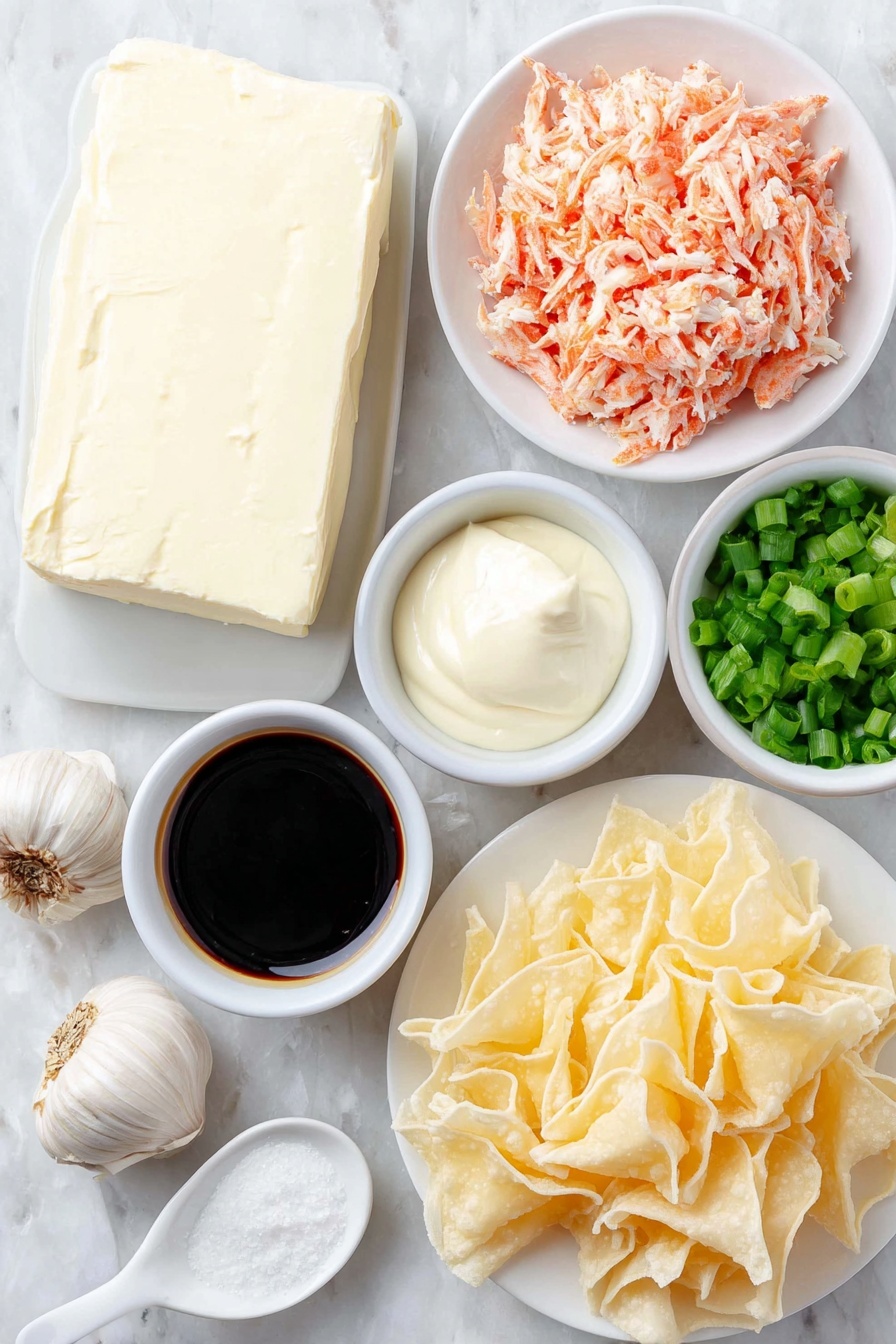Crab Rangoon Dip, Crab Rangoon Dip with Crispy Wontons, cheesy crab dip, savory appetizer dip, crab and cream cheese dip - Flat lay of fresh cream cheese block, a small white bowl of creamy mayonnaise, a small white bowl of thick sour cream, a small white bowl of dark low-sodium soy sauce, three whole cloves of fresh garlic, one white ceramic spoon-shaped dish with granulated white sugar, shredded imitation crab meat arranged neatly, a small pile of freshly shredded Monterey Jack cheese, a small white bowl of sliced green onions, and a stack of fresh wonton wrappers cut diagonally into triangles, all placed symmetrically on simple white ceramic plates and bowls, placed on a clean white marble surface, soft natural light, photo taken with an iPhone, professional food photography style, fresh ingredients, white ceramic bowls, no bottles, no duplicates, no utensils, no packaging --ar 2:3 --v 7 --p m7354615311229779997