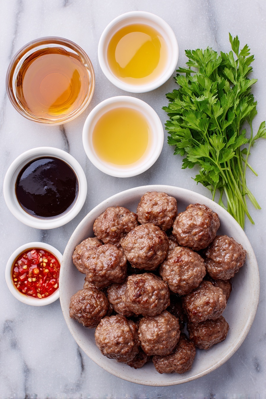 Bourbon Slow Cooker Meatballs, easy meatball recipes, slow cooker appetizer recipes, bourbon sauce recipes, crowd-pleasing meatball dish - Flat lay of a small white ceramic bowl of glossy hickory and brown sugar barbecue sauce, a small white ceramic bowl of amber bourbon, a small white ceramic bowl of golden honey, a small white ceramic bowl of dark molasses, a small white ceramic bowl of bright red sweet chili sauce, a small white ceramic bowl of deep brown Worcestershire sauce, a pile of fully cooked, browned meatballs arranged neatly, and a few sprigs of fresh, bright green chopped parsley on a simple white ceramic dish, placed on a clean white marble surface, soft natural light, photo taken with an iPhone, professional food photography style, fresh ingredients, white ceramic bowls, no bottles, no duplicates, no utensils, no packaging --ar 2:3 --v 7 --p m7354615311229779997