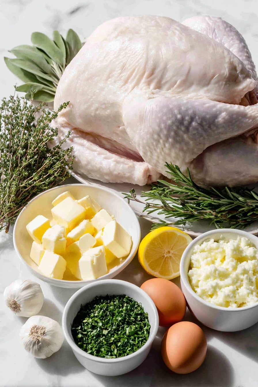 Herb Butter Roasted Turkey, Herb Butter Turkey, Juicy Roast Turkey, Homemade Turkey Recipe, Flavorful Thanksgiving Turkey - Flat lay of a whole raw turkey with pale pink skin and plump shape, a small white ceramic bowl of softened pale yellow unsalted butter, a small white bowl with fresh chopped green sage leaves, a small white bowl with fresh chopped green thyme leaves, a small white bowl with fresh chopped rosemary needles, four whole peeled garlic cloves arranged beside a small white bowl of minced garlic, a halved bright yellow lemon, a few sprigs each of fresh sage, thyme, and rosemary with vibrant green leaves, a few whole uncracked brown garlic cloves, and two whole uncracked brown eggs placed symmetrically around, all neatly arranged on a simple white ceramic plate and bowls, placed on a clean white marble surface, soft natural light, photo taken with an iPhone, professional food photography style, fresh ingredients, white ceramic bowls, no bottles, no duplicates, no utensils, no packaging --ar 2:3 --v 7 --p m7354615311229779997