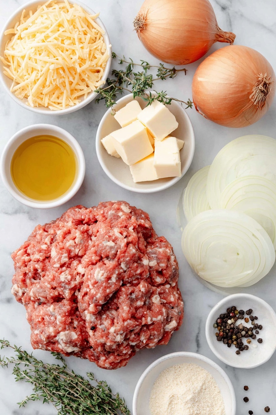 French Onion Chicken Meatballs, French Onion Chicken Meatballs recipe, savory chicken meatballs with onions, cheesy baked chicken meatballs, easy French onion inspired dinner - Flat lay of fresh ground chicken shaped into raw meatballs, a small heap of minced yellow onion, a small pile of shredded Gruyère cheese, a small pile of shredded mozzarella cheese, a small white ceramic bowl with plain bread crumbs, several peeled garlic cloves whole, two whole uncracked brown eggs, a few sprigs of fresh thyme, a small white ceramic bowl with olive oil, four large thinly sliced yellow onions arranged in a neat stack, a small white ceramic bowl with unsalted butter cubes, a small white ceramic bowl with dry sherry, a small white ceramic bowl with low-sodium beef broth, kosher salt and black peppercorns sprinkled carefully for display, placed on a clean white marble surface, soft natural light, photo taken with an iPhone, professional food photography style, fresh ingredients, white ceramic bowls, no bottles, no duplicates, no utensils, no packaging --ar 2:3 --v 7 --p m7354615311229779997