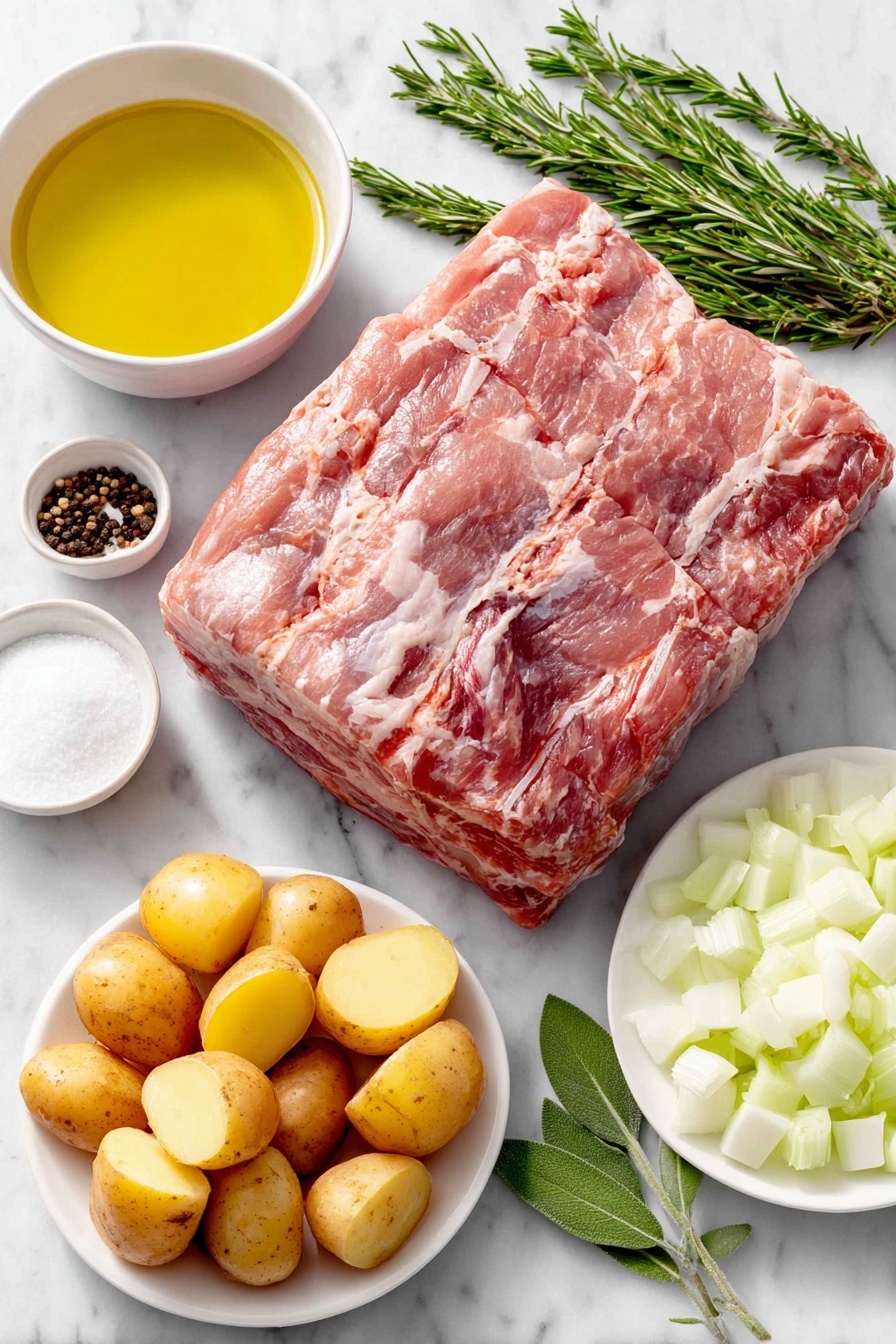 Slow Cooker Pork Roast with Potatoes and Carrots, easy pork roast recipes, comfort food dinner ideas, one-pot pork recipes, hearty slow cooker meals - Flat lay of a large raw pork shoulder roast with a natural pink hue and marbling, a small white ceramic bowl of golden avocado oil, a peeled large white onion diced into neat half-inch cubes on a simple white plate, four whole uncracked brown garlic cloves, a small white ceramic bowl filled with clear low sodium chicken broth, a mound of coarse sea salt crystals on a white ceramic dish, freshly ground black peppercorns in a small white bowl, four large Yukon gold potatoes cut into 3-inch pieces arranged on a round white plate, eight fresh vibrant orange carrots sliced into 3-inch lengths on a simple white ceramic plate, and six fresh herb sprigs including rosemary, sage, and thyme laid out symmetrically — all ingredients looking fresh and natural, placed on a clean white marble surface, soft natural light, photo taken with an iPhone, professional food photography style, fresh ingredients, white ceramic bowls, no bottles, no duplicates, no utensils, no packaging --ar 2:3 --v 7 --p m7354615311229779997