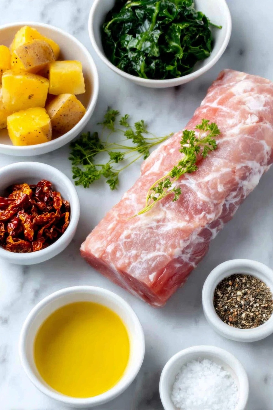 Stuffed Pork Tenderloin with Sun-Dried Tomatoes, stuffed pork tenderloin recipe, sun-dried tomato pork filling, easy pork tenderloin dinner, gourmet pork recipes - Flat lay of a whole raw pork tenderloin with a smooth pink surface, a few sprigs of fresh green parsley, a small pile of bright red sliced sun-dried tomatoes, a small white bowl filled with dark green thawed spinach, a small white bowl of shredded white mozzarella cheese, a small white bowl of golden olive oil, a white ceramic bowl holding small sliced fresh potatoes with skins on, a small white bowl of coarse salt crystals, a small white bowl of cracked black peppercorns, and a white ceramic bowl with Italian seasoning blend of dried herbs placed neatly, all arranged with perfect symmetry and realistic proportions, placed on a clean white marble surface, soft natural light, photo taken with an iPhone, professional food photography style, fresh ingredients, white ceramic bowls, no bottles, no duplicates, no utensils, no packaging --ar 2:3 --v 7 --p m7354615311229779997