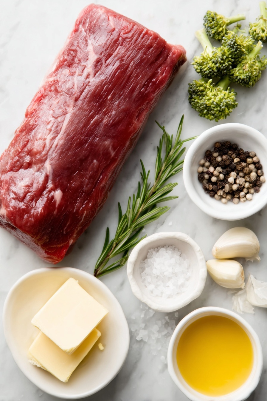 Garlic Herb Beef Tenderloin Pork Roast, garlic herb beef tenderloin, herb crusted beef roast, elegant beef roast recipe, tenderloin beef dinner ideas - Flat lay of a whole raw beef tenderloin roast with a deep red color and smooth texture, a small mound of coarse sea salt crystals, a few loose black peppercorns, four plump garlic cloves with pale papery skins, a small bunch of fresh rosemary sprigs with needle-like green leaves, a small white ceramic bowl with soft pale yellow salted butter, a small white ceramic bowl containing smooth pale yellow Dijon mustard, and a few bright green broccoli florets with tight buds, all arranged neatly with perfect symmetry and balanced proportions on a clean white marble surface, soft natural light, photo taken with an iPhone, professional food photography style, fresh ingredients, white ceramic bowls, no bottles, no duplicates, no utensils, no packaging --ar 2:3 --v 7 --p m7354615311229779997