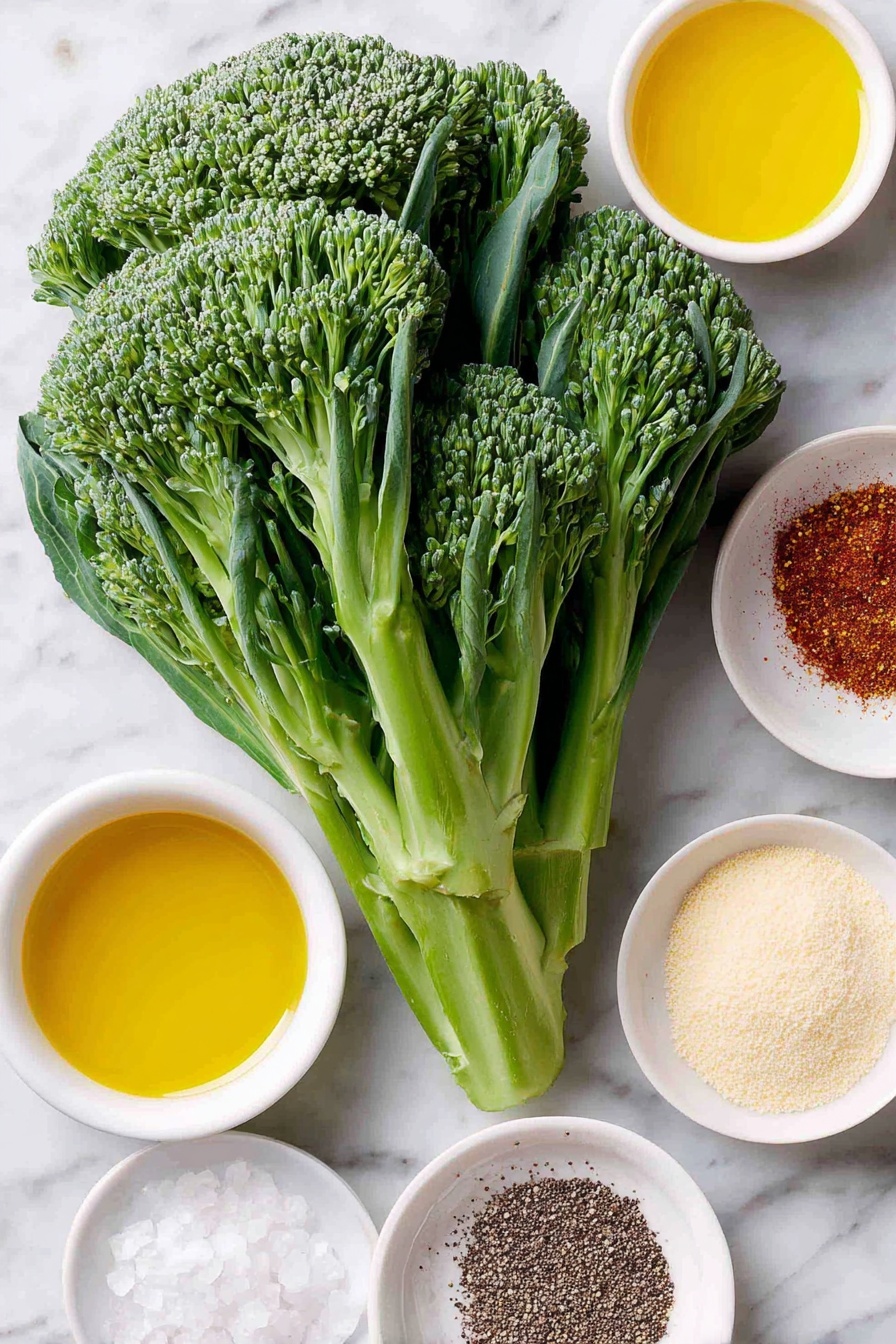 Oven Roasted Broccoli with Garlic and Paprika, roasted broccoli side dish, healthy roasted broccoli, easy vegetable side, flavorful broccoli recipe - Flat lay of fresh broccoli florets with deep green crowns and firm stalks, a small white ceramic bowl filled with golden olive oil, a small white bowl containing bright red paprika powder, another white bowl with fine white sea salt crystals, a small white bowl of pale beige garlic powder, and a small white bowl with coarsely ground black pepper, arranged in perfect symmetry on a clean white marble surface, soft natural light, photo taken with an iPhone, professional food photography style, fresh ingredients, white ceramic bowls, no bottles, no duplicates, no utensils, no packaging --ar 2:3 --v 7 --p m7354615311229779997