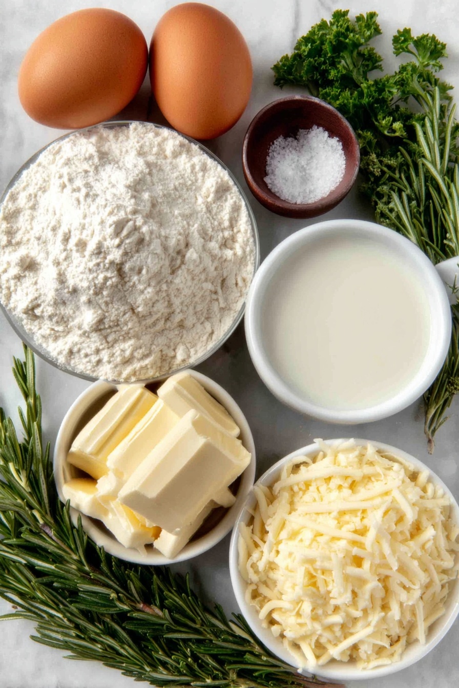 Rosemary Garlic Pull Apart Bread, garlic herb bread, cheesy pull apart bread, homemade bread recipes, savory bread ideas - Flat lay of two whole uncracked brown eggs, a small mound of all-purpose flour, a small white ceramic bowl of warm whole milk, a small white ceramic bowl with softened unsalted butter, a small white ceramic bowl with extra soft unsalted butter, a few sprigs of fresh rosemary, a few sprigs of fresh parsley, two fresh garlic cloves, a small white ceramic bowl of granulated sugar, a small white ceramic bowl of salt, a small white ceramic bowl of garlic powder, a small white ceramic bowl of shredded parmesan cheese, placed on a clean white marble surface, soft natural light, photo taken with an iPhone, professional food photography style, fresh ingredients, white ceramic bowls, no bottles, no duplicates, no utensils, no packaging --ar 2:3 --v 7 --p m7354615311229779997