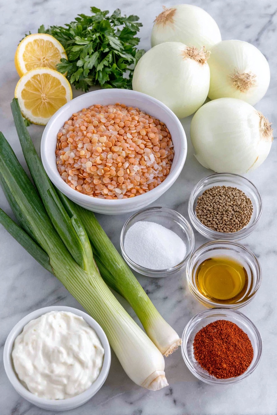 Mujadara Lentils and Rice, Middle Eastern lentil and rice dish, delicious lentils and rice recipe, smoky caramelized onion Mujadara, nourishing healthy lentil recipe - Flat lay of four large white onions sliced thinly, a small white ceramic bowl with a golden tablespoon of olive oil, a small white ceramic bowl with white granulated sugar, a small white ceramic bowl of salt crystals, a small white ceramic bowl with clear water, a small white ceramic bowl with amber apple cider vinegar, one cup of green dried lentils, a half cup of uncooked basmati rice with long slender grains, four fresh green scallions chopped with some green tops reserved, two whole uncracked white garlic cloves, small piles of bright red paprika powder, warm brown coriander powder, light brown cumin powder, reddish-brown cinnamon powder, golden yellow turmeric powder, tiny pile of red pepper flakes, fresh flat-leaf parsley sprigs chopped, fresh bright green cilantro leaves chopped, four bright yellow lemon wedges arranged symmetrically, and a small white ceramic bowl filled with creamy plain Greek yogurt placed on a clean white marble surface, soft natural light, photo taken with an iPhone, professional food photography style, fresh ingredients, white ceramic bowls, no bottles, no duplicates, no utensils, no packaging --ar 2:3 --v 7 --p m7354615311229779997