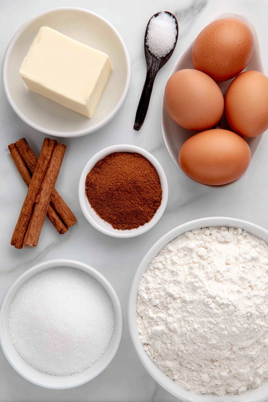 Cinnamon Vanilla Biscotti, cinnamon vanilla biscotti, homemade biscotti with cinnamon and vanilla, easy biscotti recipe, crunchy vanilla cinnamon cookies - Flat lay of a small pat of unsalted butter, a small mound of granulated sugar, a few whole brown eggs with clean shells, a small handful of all purpose flour, a pinch of salt scattered next to a teaspoon of baking powder, a small heap of ground cinnamon with a dash separately nearby, a few vanilla beans cut open revealing seeds, a small white ceramic bowl filled with powdered sugar, a small white ceramic bowl of hot water, all arranged in perfect symmetry on a clean white marble surface, soft natural light, photo taken with an iPhone, professional food photography style, fresh ingredients, white ceramic bowls, no bottles, no duplicates, no utensils, no packaging --ar 2:3 --v 7 --p m7354615311229779997