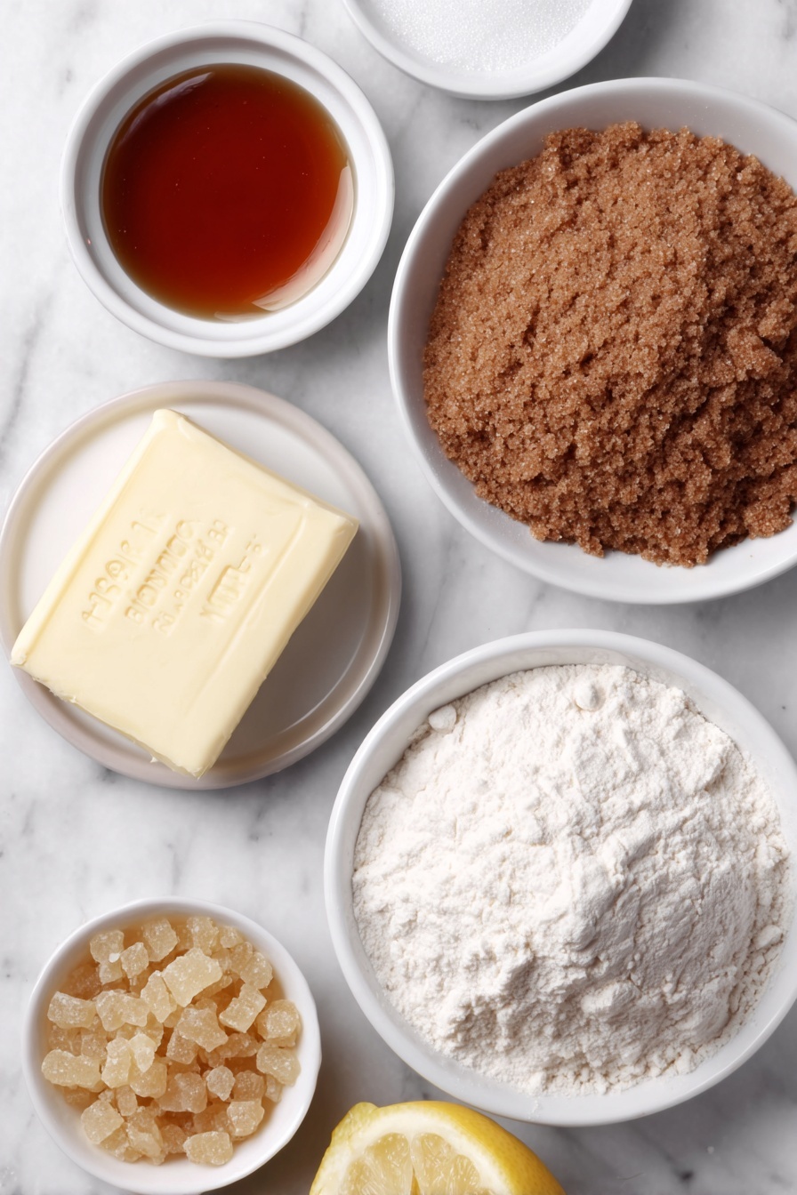 Brandy Snaps, delicate crispy treats, homemade brandy snaps, easy dessert recipes, holiday sweets - Flat lay of a small square of fresh golden butter, a small white ceramic bowl filled with golden caster sugar crystals, another small white bowl with rich amber golden syrup, a small white bowl containing clear brandy, a neat pile of plain all-purpose flour on a simple white ceramic plate, a heap of warm brown ground ginger on a white ceramic dish, and a pristine half lemon with bright yellow zest visible placed beside it, all arranged symmetrically and balanced, placed on a clean white marble surface, soft natural light, photo taken with an iPhone, professional food photography style, fresh ingredients, white ceramic bowls, no bottles, no duplicates, no utensils, no packaging --ar 2:3 --v 7 --p m7354615311229779997