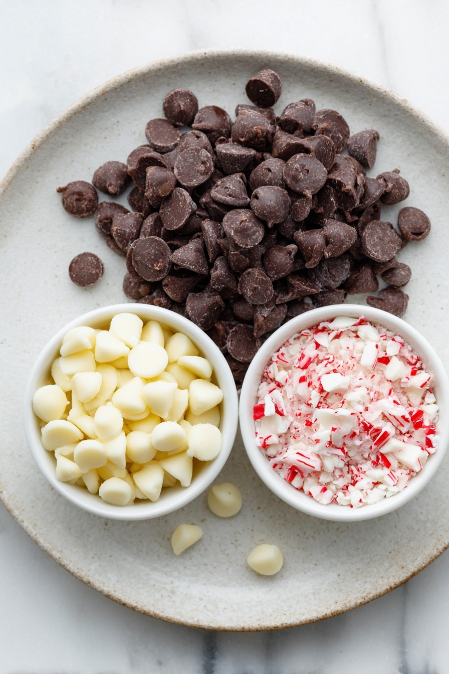 Peppermint Bark, Peppermint Bark Recipe, Holiday Chocolate Treats, Mint Chocolate Candy, Easy Festive Dessert - Flat lay of a small pile of smooth dark chocolate chips, a small pile of creamy white chocolate chips, two small white ceramic bowls each filled with crushed red and white peppermint candy pieces, placed symmetrically around the chocolates, all ingredients fresh and natural, arranged with perfect balance and symmetry on a simple white ceramic plate, placed on a clean white marble surface, soft natural light, photo taken with an iPhone, professional food photography style, fresh ingredients, white ceramic bowls, no bottles, no duplicates, no utensils, no packaging --ar 2:3 --v 7 --p m7354615311229779997